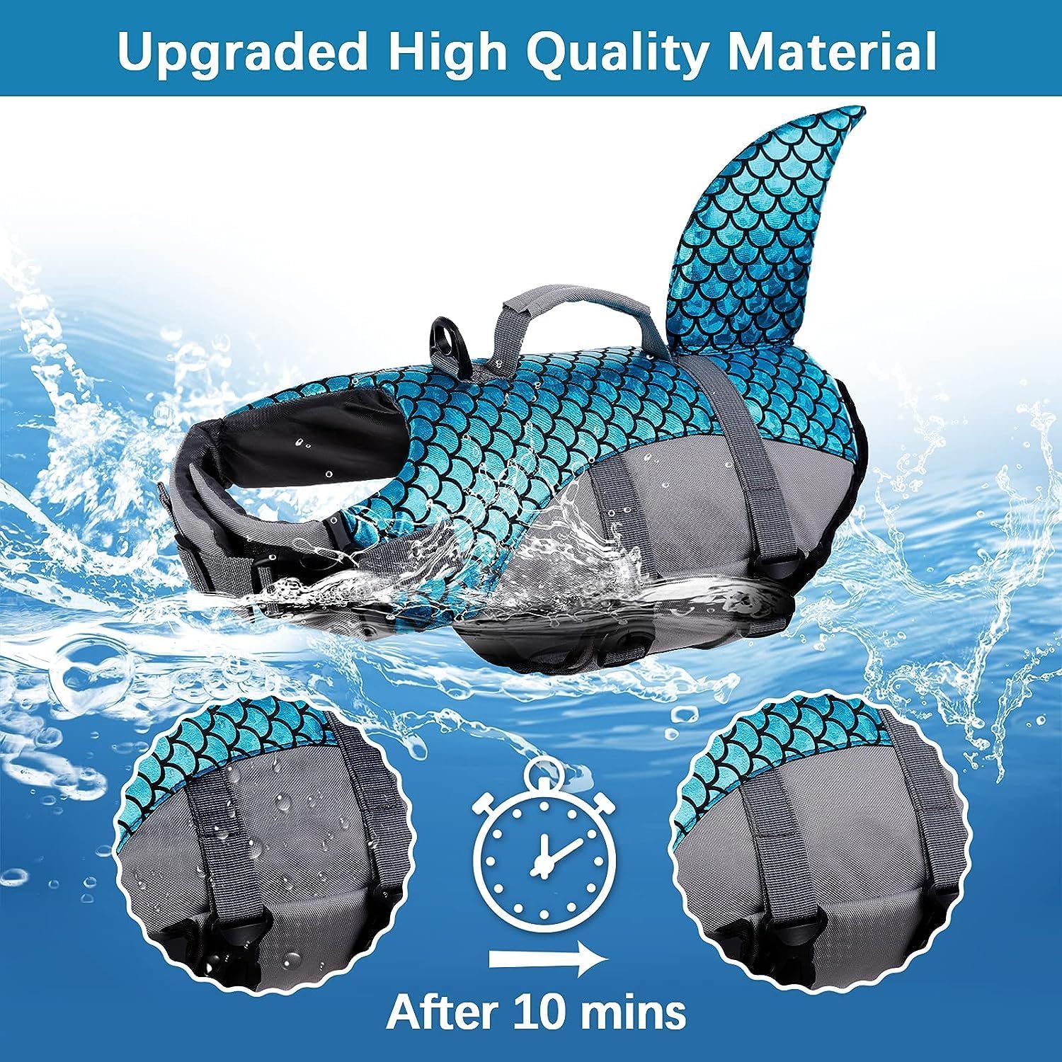 Inllex Premium Dog Life Vest for Swimming & Boating, Grey & Blue Mermaid Scale Pattern with Shark Fin, Secure Fit Adjustable Straps, Quick Release Buckles, and Top Grab Handle for Canine Water Safety 4