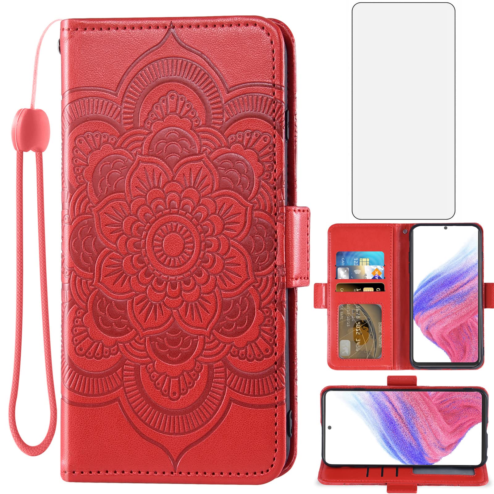 Asuwish Compatible with Samsung Galaxy A53 5G 2022 Wallet Case and Tempered Glass Screen Protector Flip Card Holder Cell Accessories Phone Cover for
