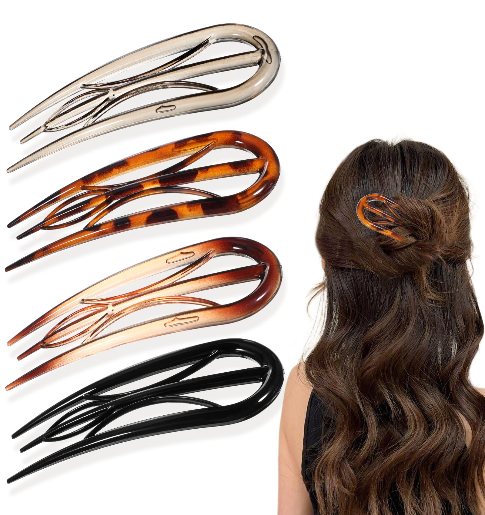 Hairpins Hair for Women Fine Thin Hair, 4 Pcs Large French Hair Pin, Plastic French Twist Pin with 3 Inner Teeth Design for Women