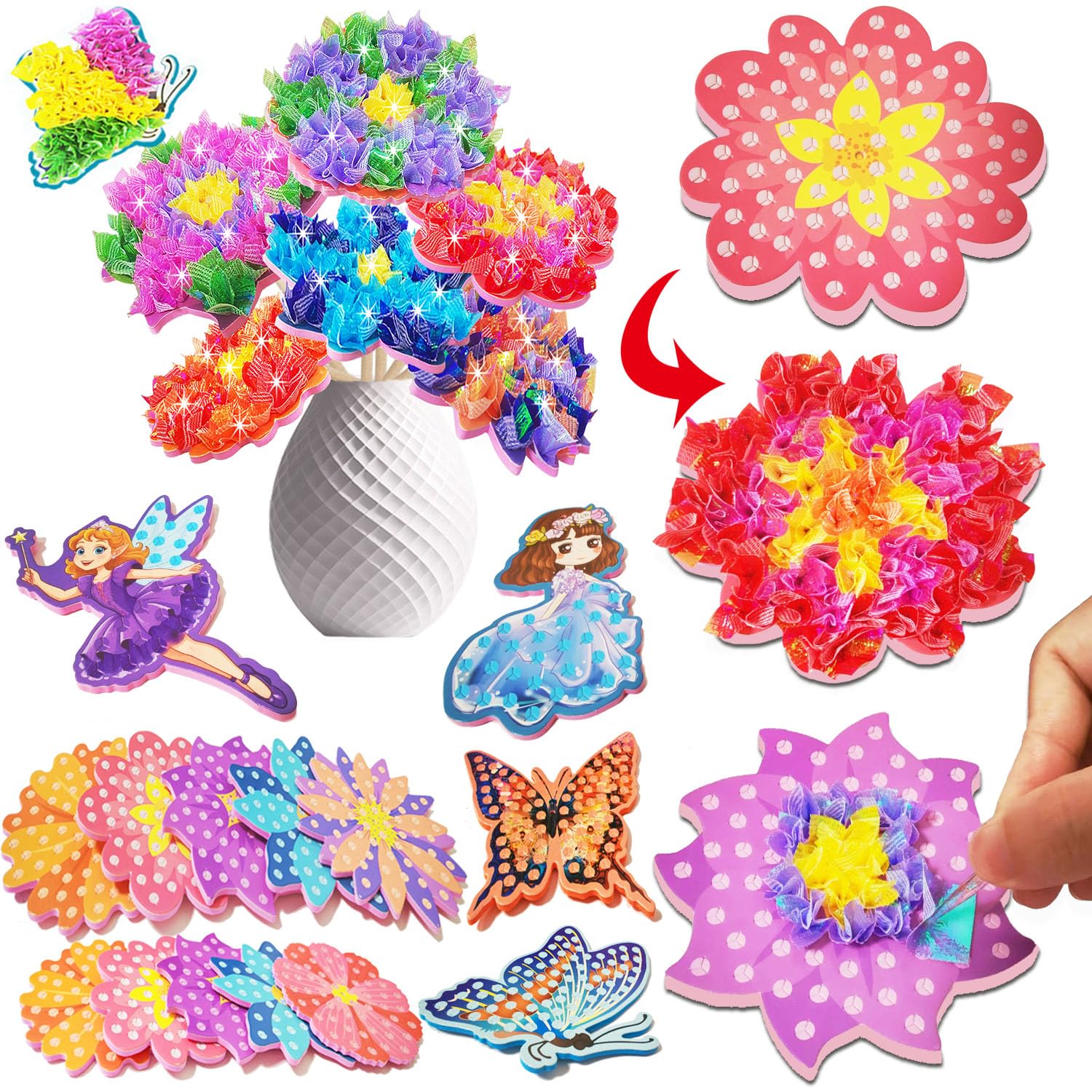 JRD&BS WINL DIY Prinzessin Stoff Kunst Set,Poke-in Art für Kinder im Alter von 3 4 5 6 7 8 Kunst und Bastelaktivität Schmutzfreie Nähkunst für Kinder,Kreative Geschenke für Kind (Flower)