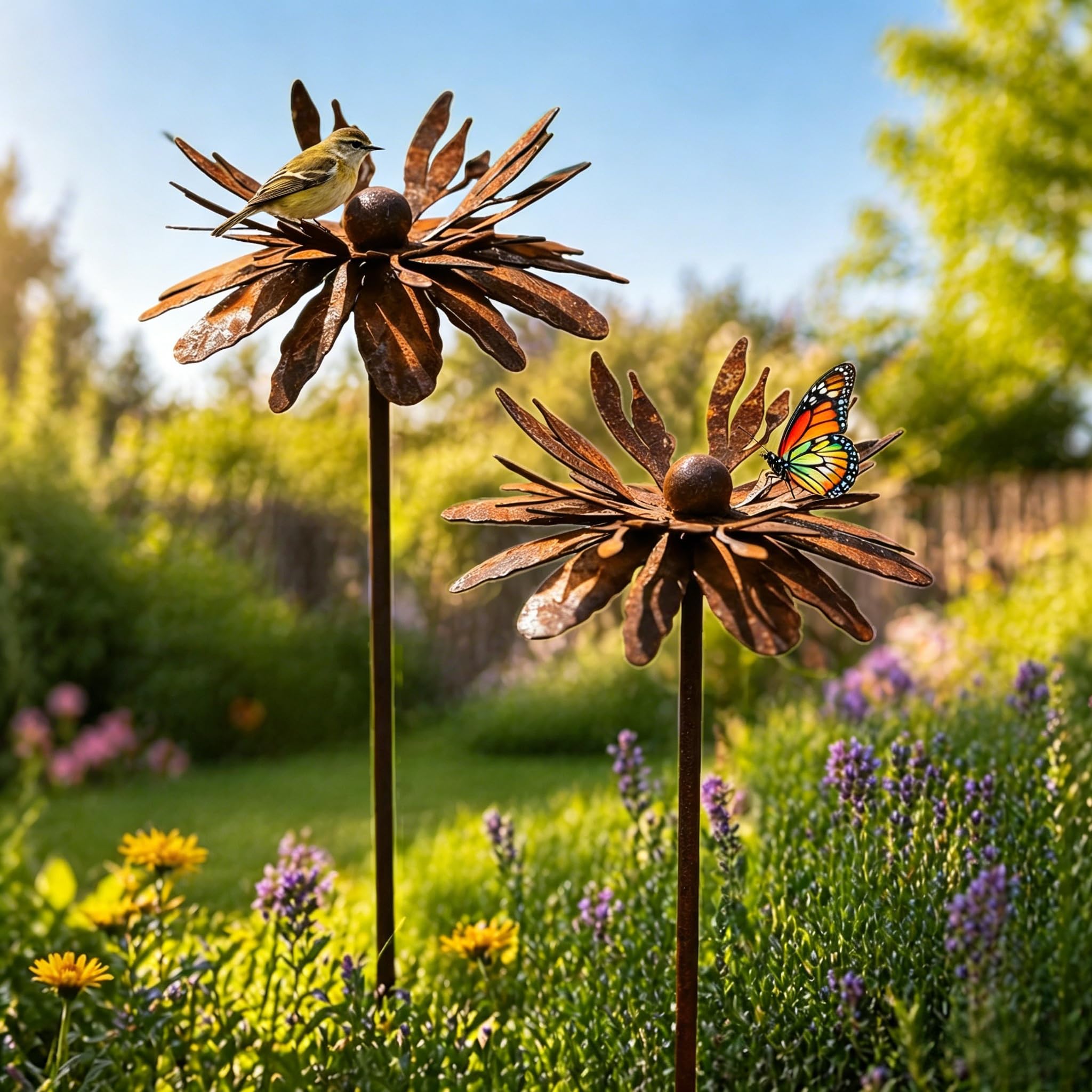 Garden Decoration for Outdoor Weatherproof Spring Decoration Outdoor Set of 2 Rust Decoration for Rusty Garden Decoration Vintage Corten Steel Garden Stake Rust Bed Stake (B)