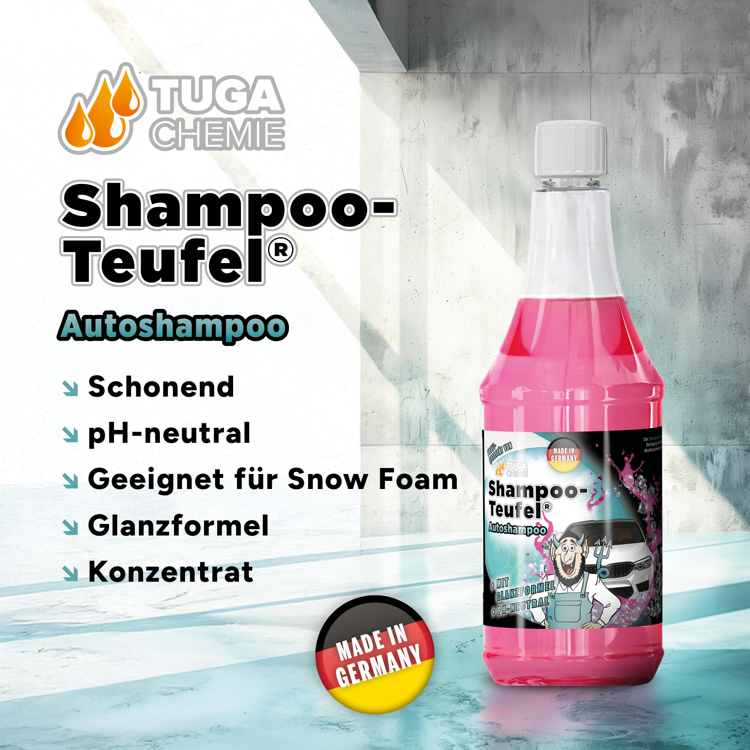 TUGA Chemie Shampoo-Teufel Autoshampoo Konzentrat Lackschonend 5L Kanister | Auto Shampoo für Glanz & Pflege, Für Handwäsche & Schaumlanze, Made in Germany