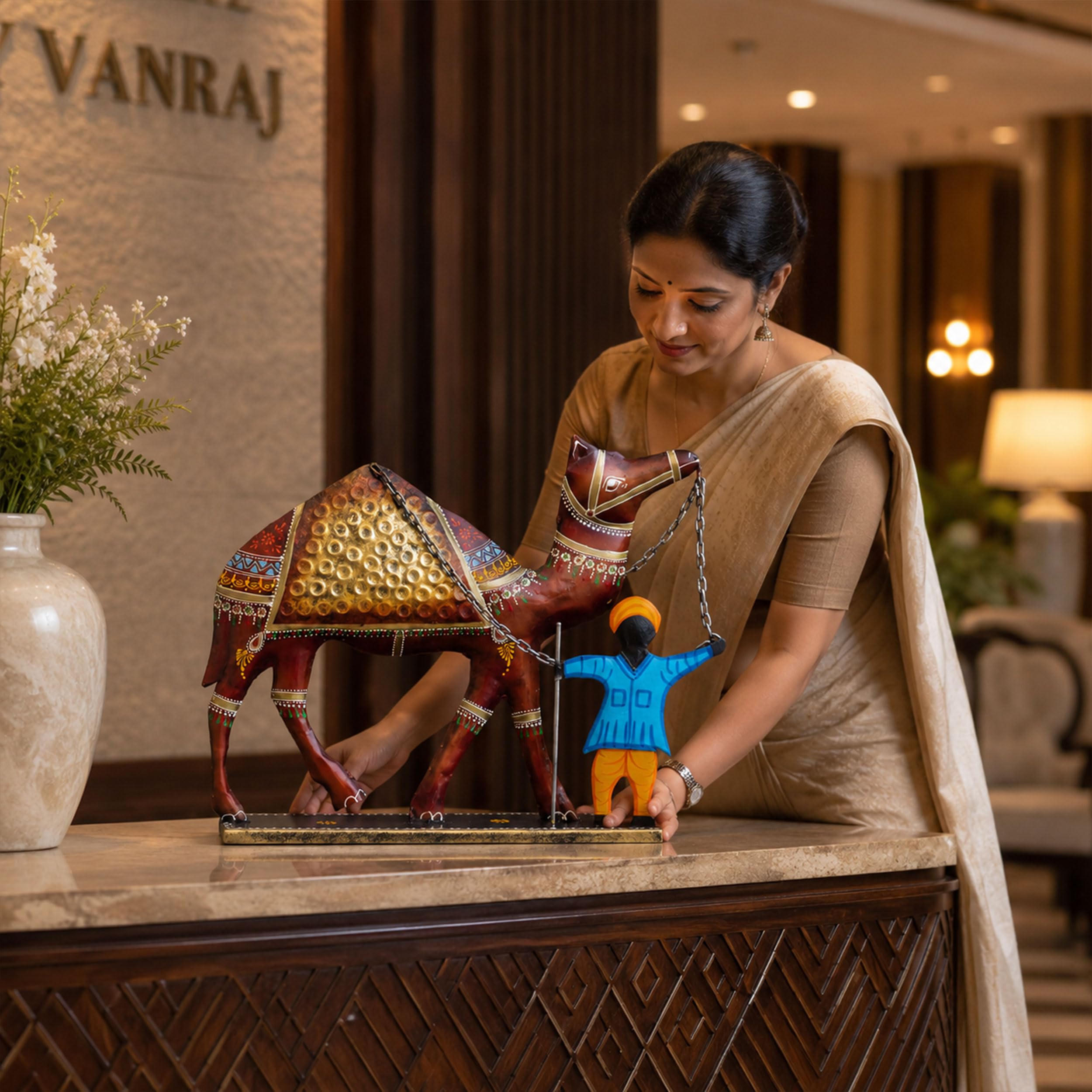 Rajasthani Camel Showpiece with Handler for Home Decor | Large 20 Inch Iron Metal Desert Art Statue for Living Room Office Hotel Restaurant Reception Desk Ethnic Gift — photo — 7 of 8