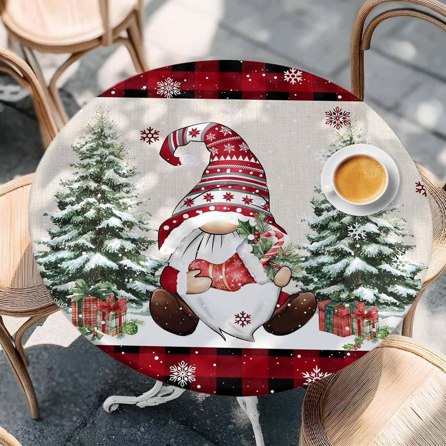 Christmas Round Tablecloth Fitted Table Cover, Elastic Tablecloths Waterproof Outdoor Indoor Stretch Cloth Tablecover for Dinner, Party, Shower, Gnomes Pine Tree Buffalo Lattice 55-60IN