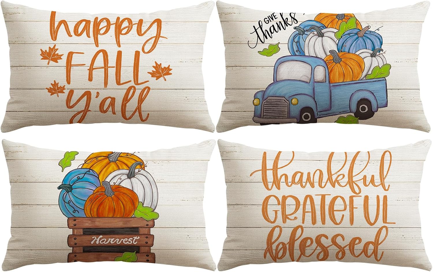 Artscope Fall Decorative Throw Pillow Covers 12x20 Inch Set of 4, Happy Fall Pumpkin Truck Thankful Grateful Blessed Outdoor Farmhouse Pillow Cases for Home Sofa Couch-Orange Beige