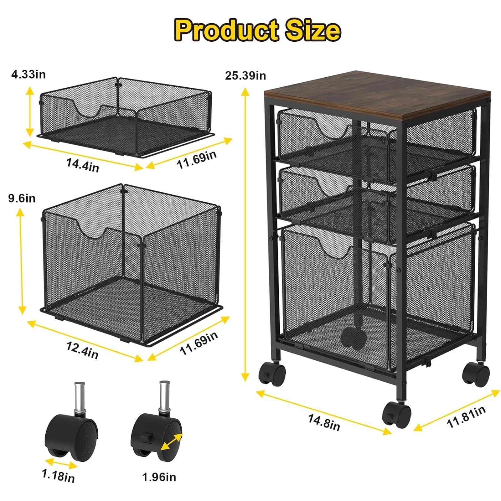Rangement Bureau Caisson Mobile Pour Dossiers Avec 3 Tiroirs De Rangement, Meuble De Classement Sur Roulettes En Bois Et Métal Grillagé (à Glisser Sous Le Bureau) Pour Bureau À Domicile(Black)
