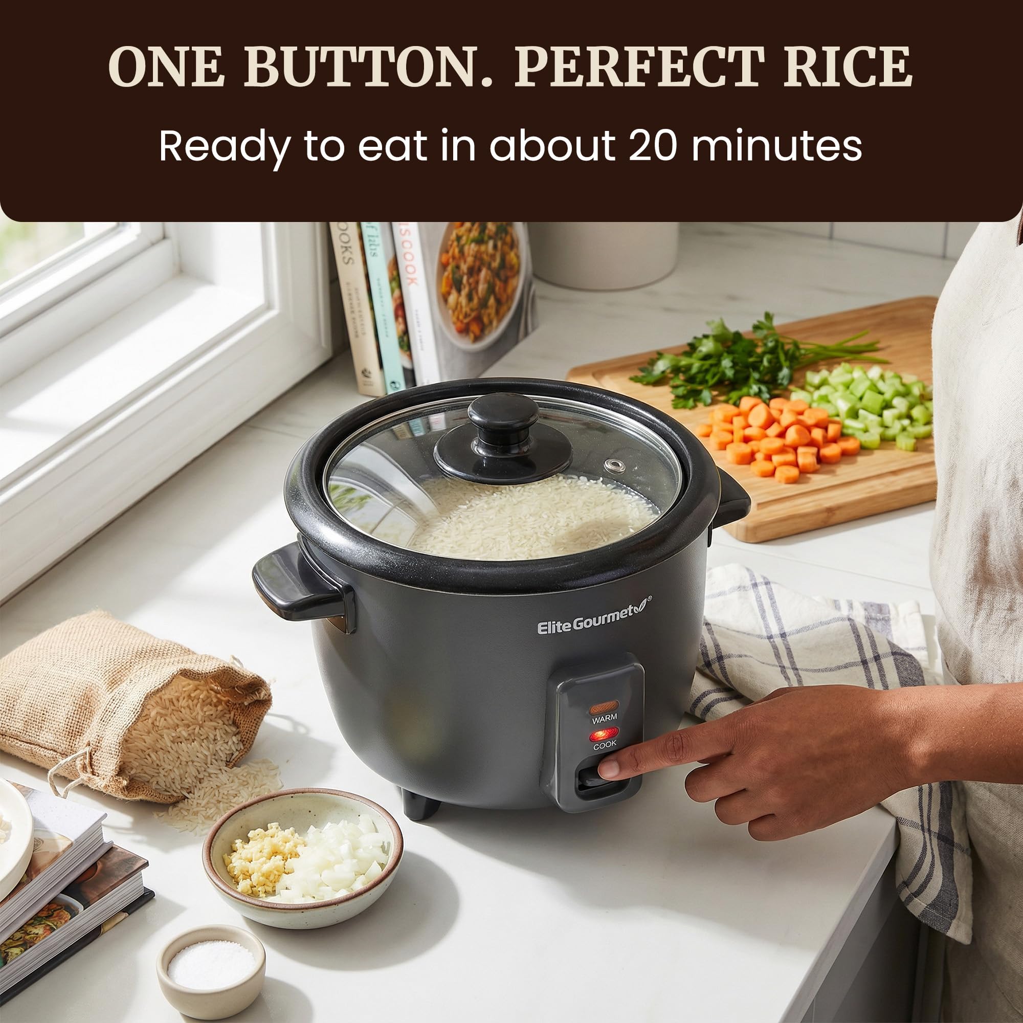 Elite Gourmet ERC6GC - Arrocera de cerámica de 6 tazas, olla interior antiadherente Ceralast™ sin PFAS, mantiene el calor automático, tapa de vidrio templado, cocina con un solo toque, taza medidora y