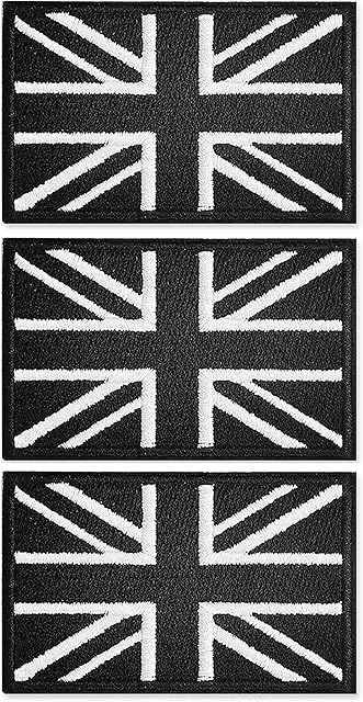 3PCS Union Jack Velcro PatchBlack United Kingdom Flag Patch Tactical Applique Fastener Hook & Loop UK Emblem for Cap Bag Vest Military Uniforms
