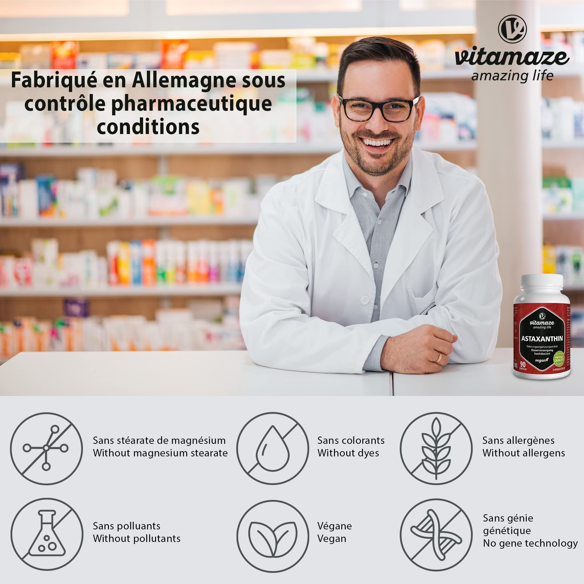 Astaxanthine avec Thiamine pour 3 Mois - 4mg Pure Astaxanthine a partir de Algues Haematococcus - Naturelle et Vegan en Poudre provenant D'Algues, 90 Capsules