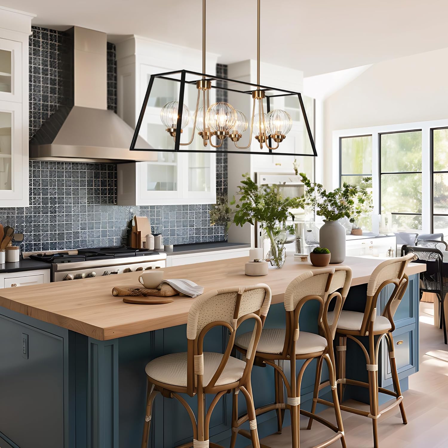 Black Gold Chandelier, Modern 6-Light Rectangular Island Light Fixture with Clear Ribbed Glass Globes and Electroplated Brass Accents for Dining Room, Kitchen, and Living Room