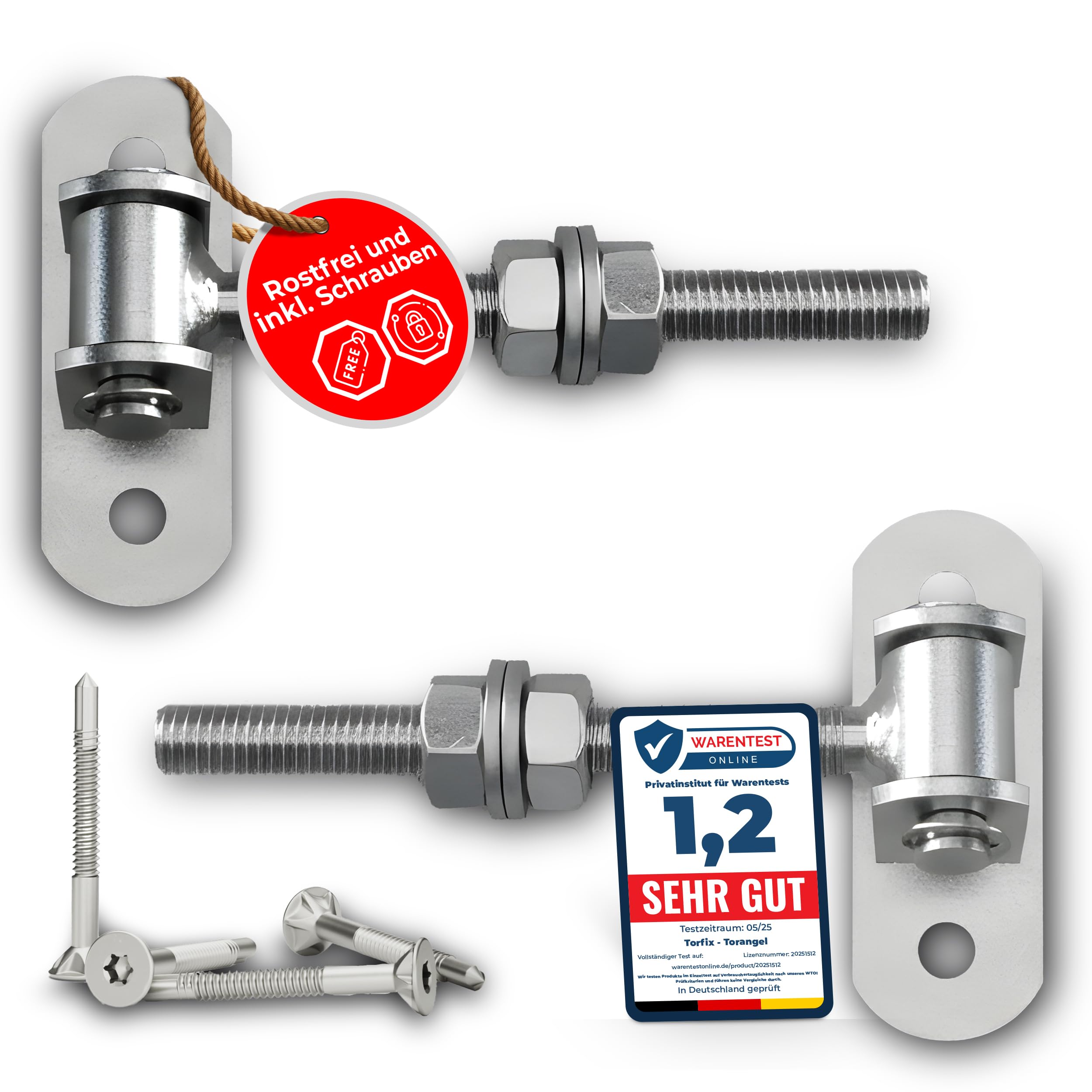 2er Set Einstellbares Torscharnière M12 (115 mm) Torangel Schwerlast Verzinkt mit Inkl. 4 selbstbohrende Schrauben für Holz & Metall mit Warentest Note 1,2 Für Gartentor Hoftor & Zauntor