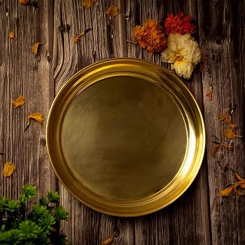 Pure Brass Traditional Handcrafted Brass Pooja Thali/Aarti Bartan Plat Set of 3 pcs Items, for Diwali Poojan/Pooja Room Thali for Home, Temple, Office