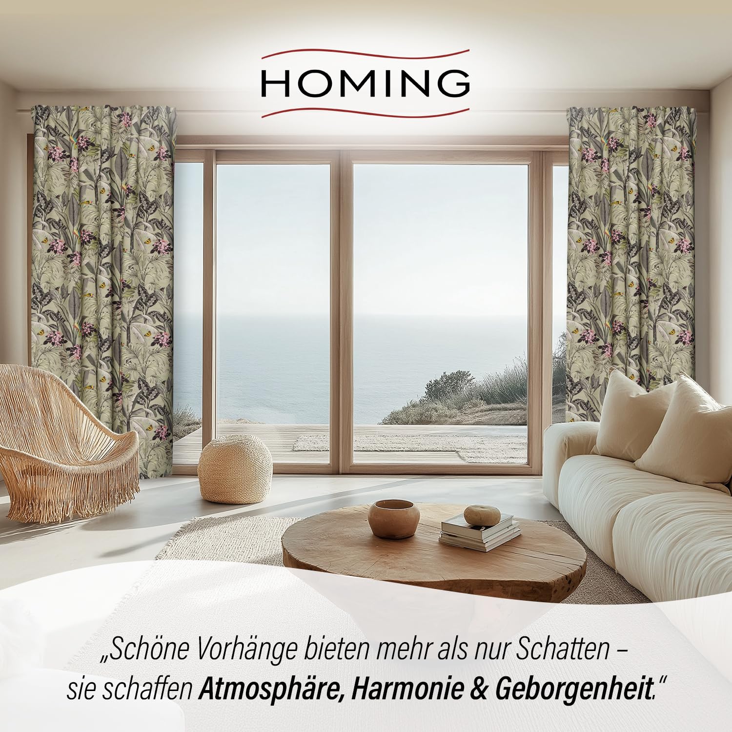 Homing Vorhang florales Dschungelmuster grün (1 Stück) | Blickdicht Blüten Kolibri modern | Wohnzimmer Schlafzimmer Kinderzimmer | 140 x 245 cm