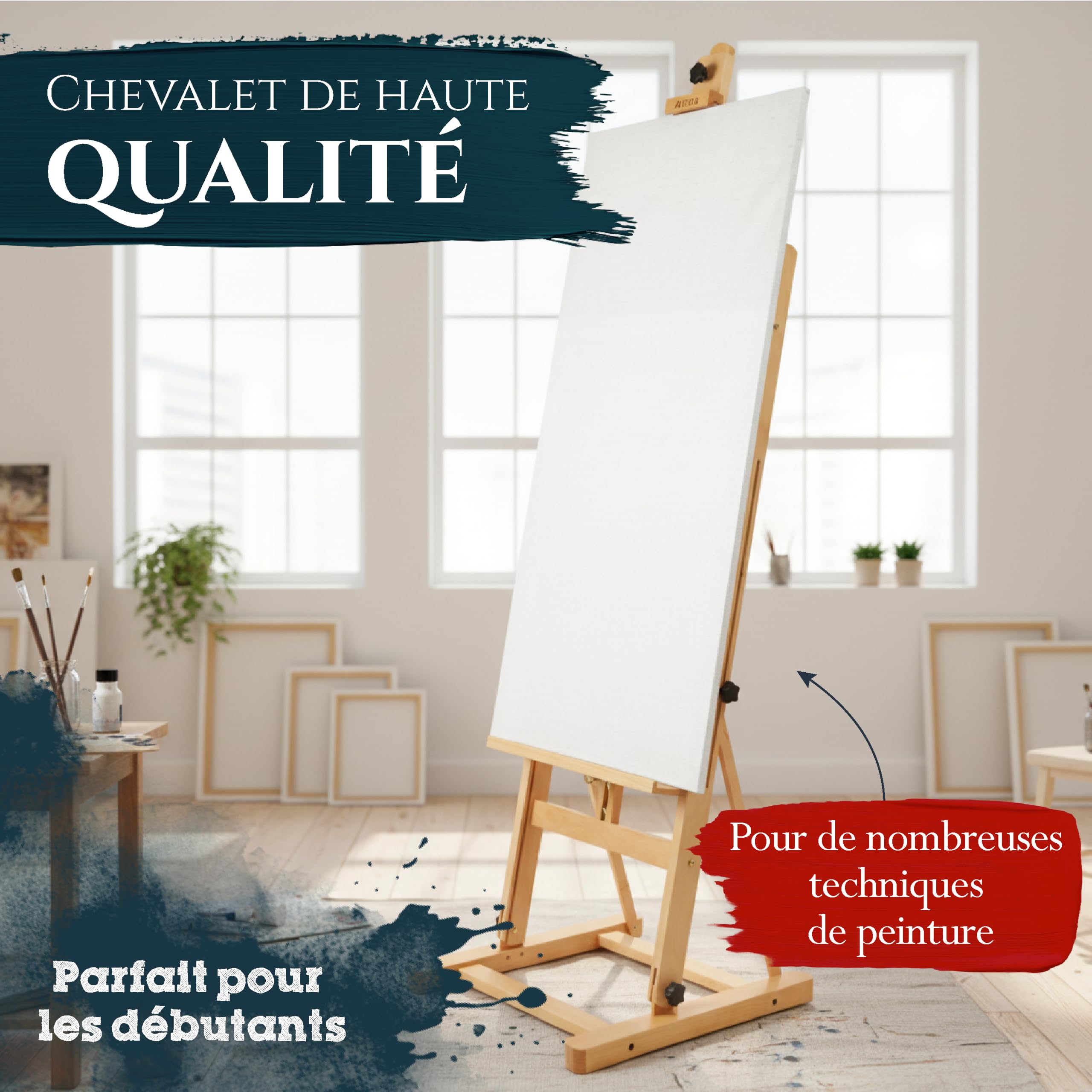 Artina chevalet bois massif hêtre huilé pour toiles jusqu'à 125cm grand