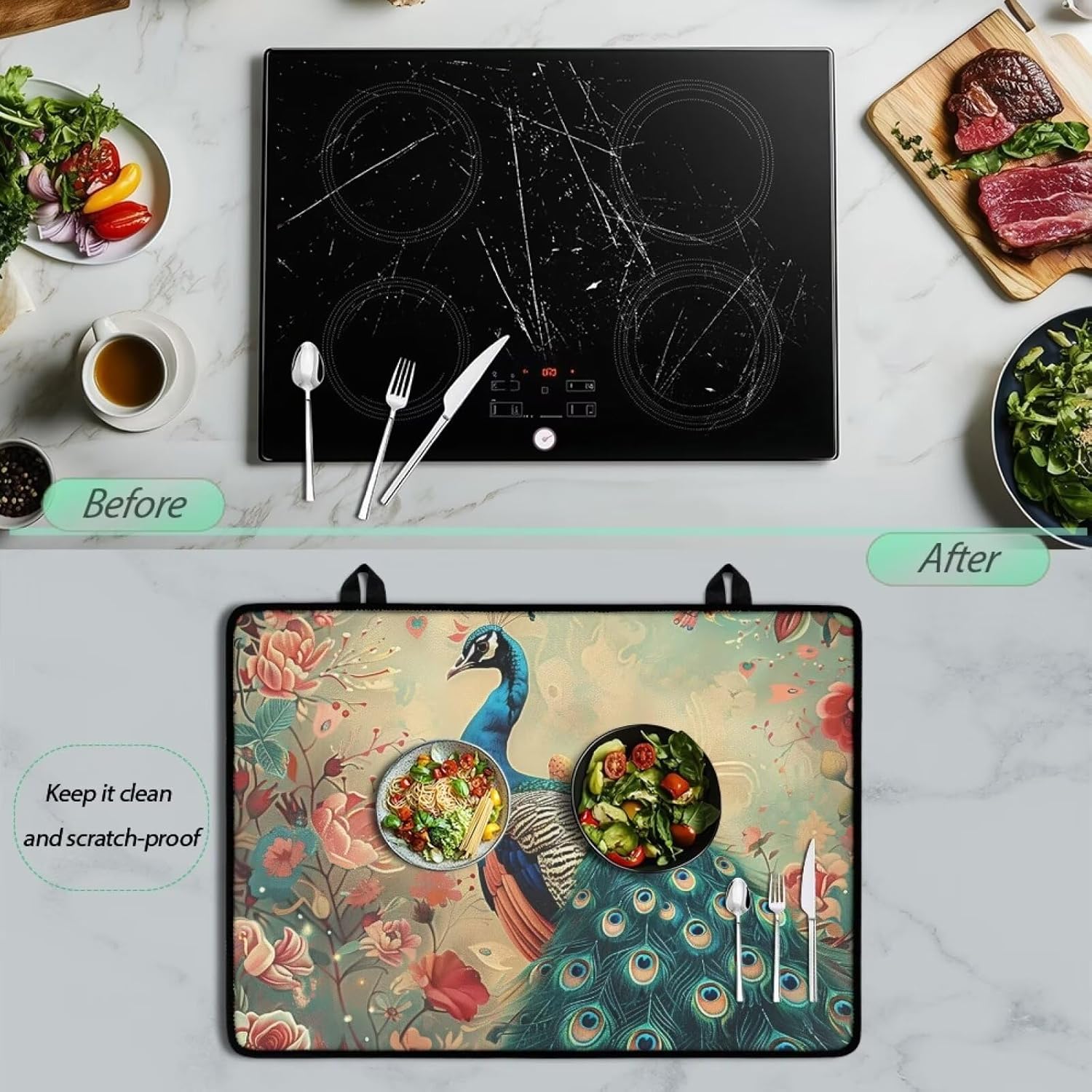 Peacock Stove Top Cover Countertop Protector Mat for Kitchen Extra Large Cooktop Cover for Electric Stove Heat Resistant Ironing Pad Protector Thick Induction Cooktop Protector