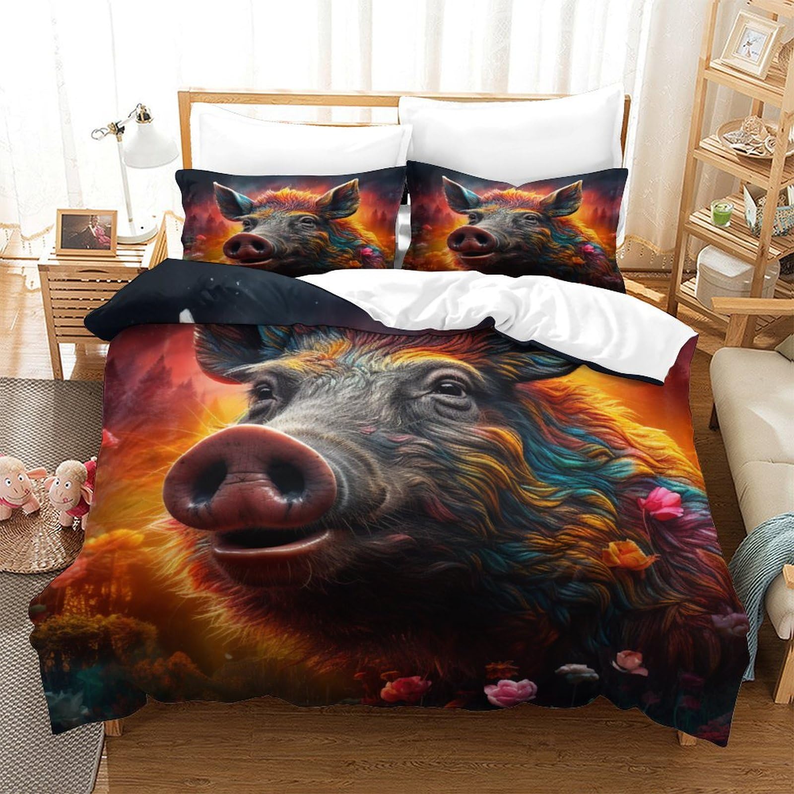 Parure de lit 3 pièces motif cochon en microfibre supérieure de 140 x 200 cm
