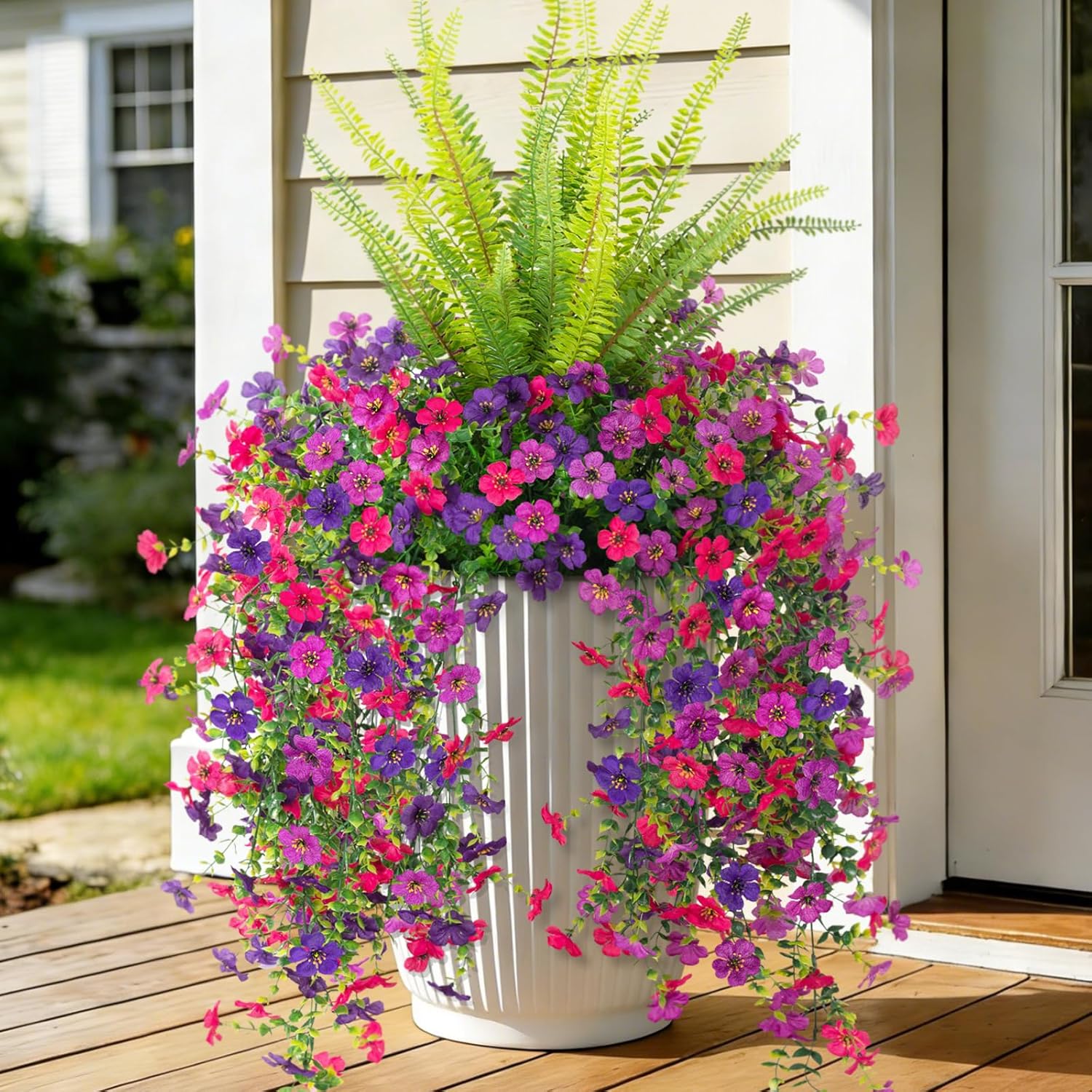 Artificial Fake Hanging Flowers Plants for Outdoor Spring Decoration,3 PCS Faux Silk Daisy with Boston Ferns,UV Resistant Look Real for Outside Home Indoor Planter Porch Patio Balcony Yard Decor