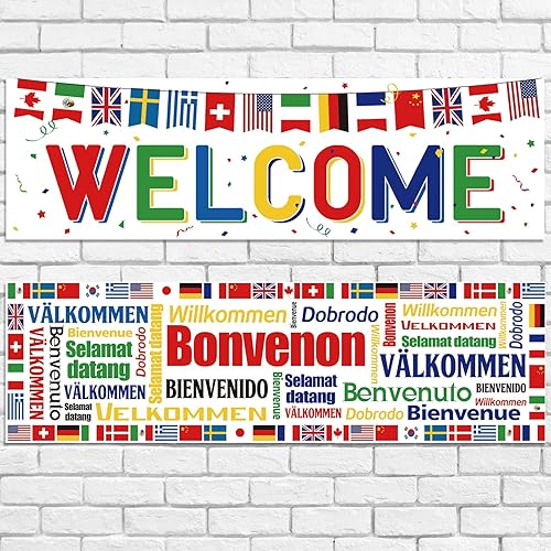 Panelee 2 pancartas de bienvenida internacionales de 13.8 x 43.3 pulgadas, banderas de poliéster para decoración de eventos deportivos, club,
