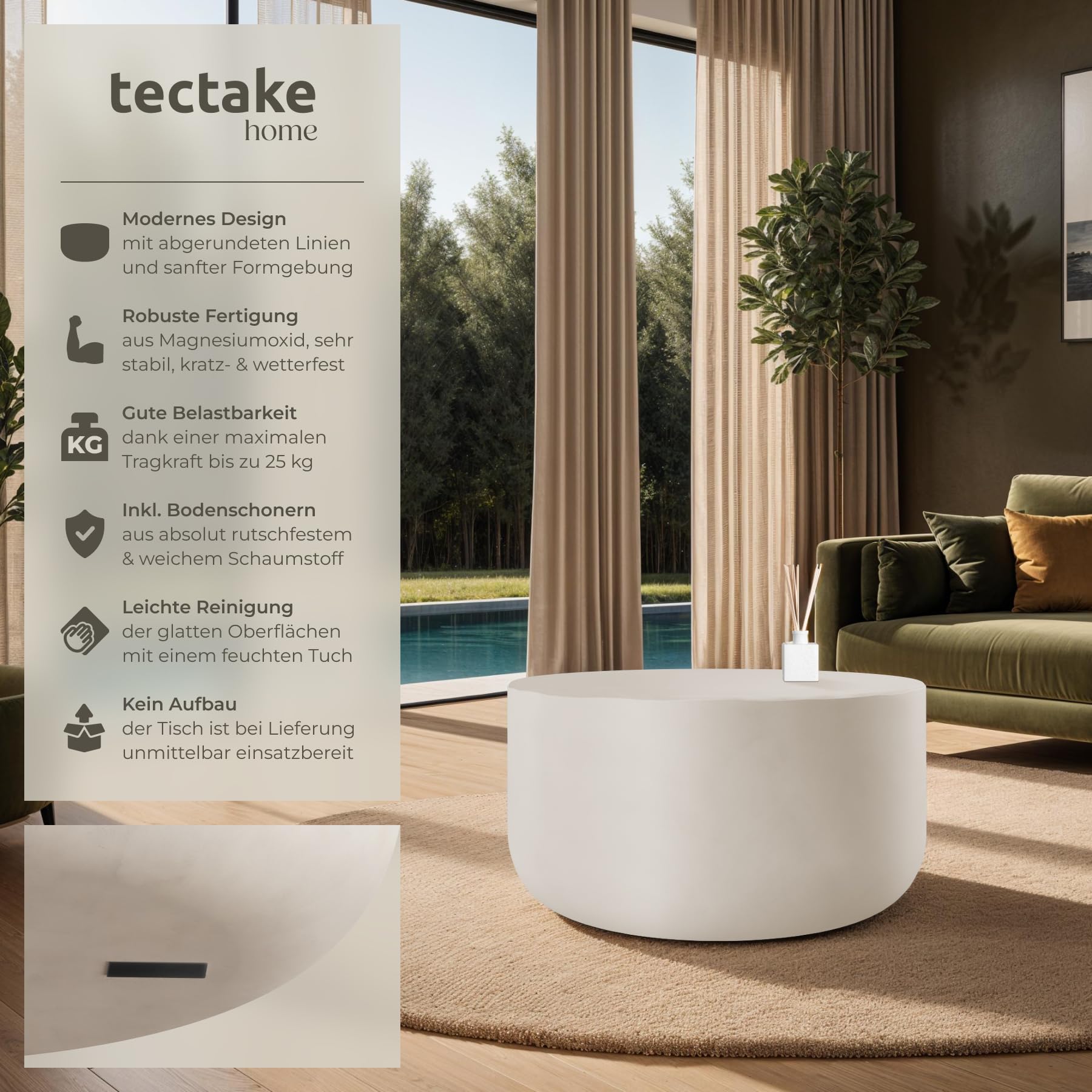 tectake® Couchtisch rund, Beistelltisch für in- und Outdoor, runder Side Table als Wohnzimmer oder Balkon Möbel, als Coffee Table, Gartentisch, Couch Tisch, Aesthetic Room Decor - weiß