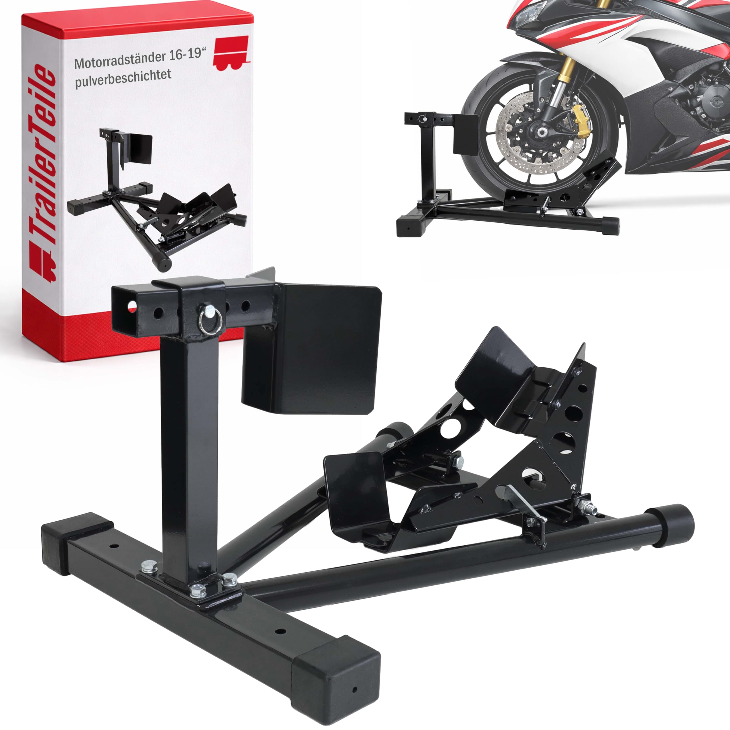 The Drive Motorradständer 16"-19" Zoll | Verstellbarer Motorradhalterung | schwarz pulverbeschichtet | Reifenbreite 80 bis 130mm | Motorrad-Wippe | Universal