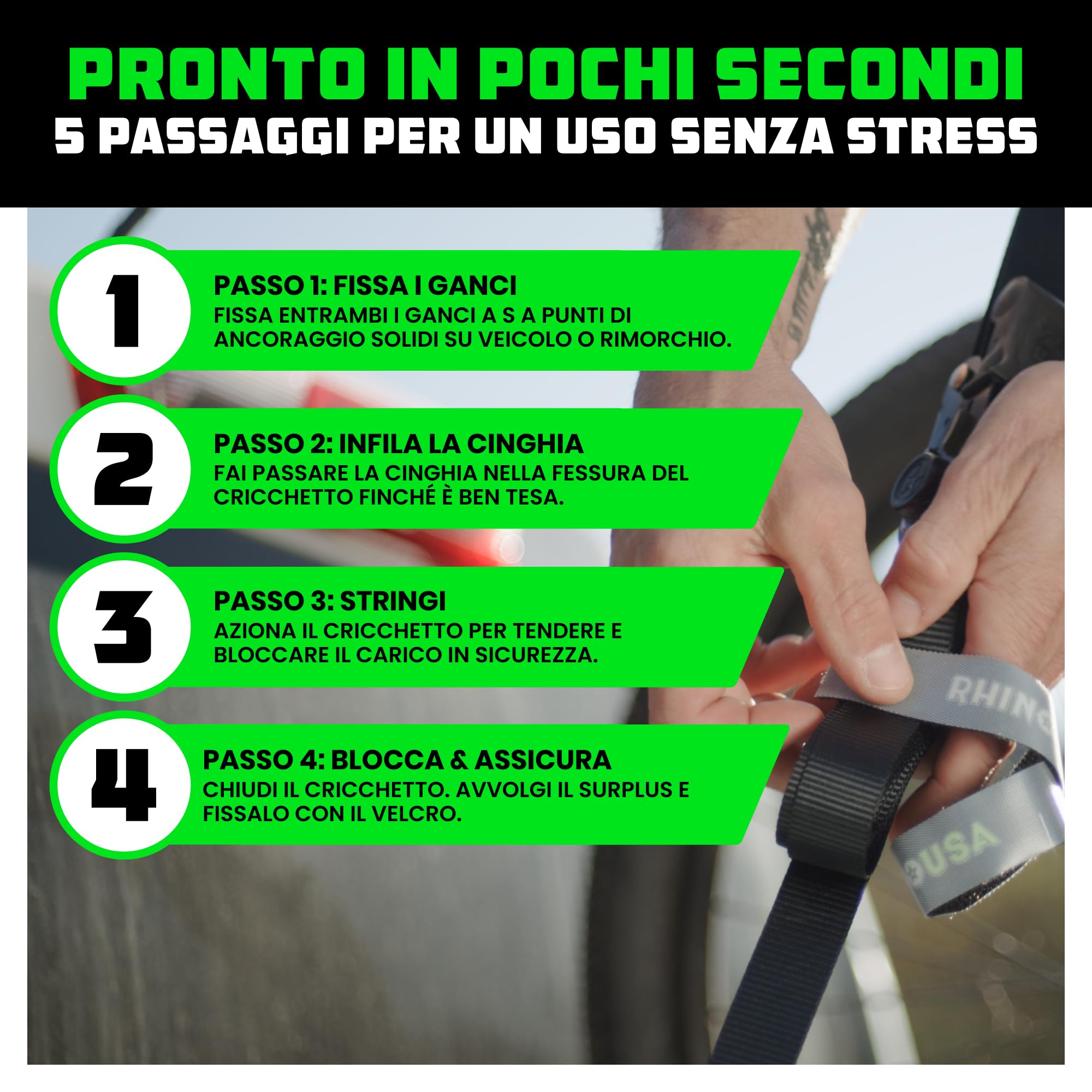 Cinghie a Cricchetto Rhino USA (4-Pack) - 2.5 cm x 4.6 m (800 kg di Resistenza alla Rottura) - Ganci a S di Sicurezza - Cinghie Premium per Camion, Carichi, Traslochi, Elettrodomestici - Nero