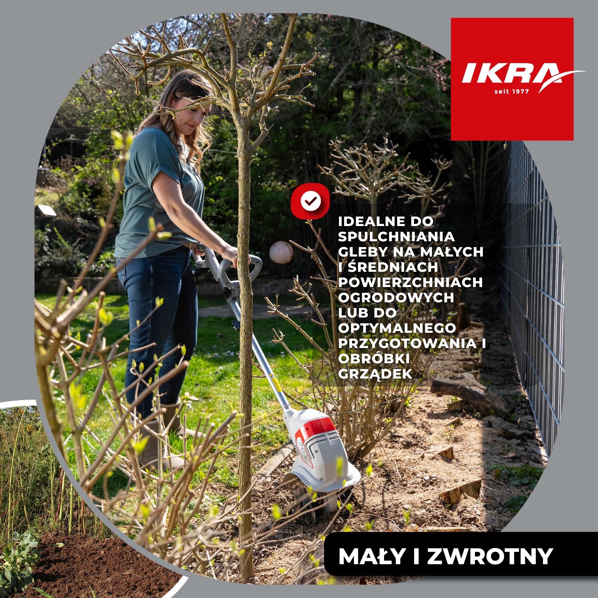 IKRA Glebogryzarka IAMH 20, szerokość robocza 19cm, akumulator, ładowarka | Spulchnia glebę, głębokość do 15,5cm, lekka, kompaktowe przechowywanie, kompatybilna z rodziną akumulatorów IKRA 20 V