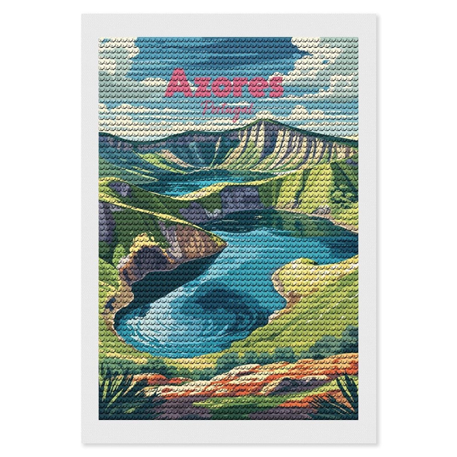 Junmoney Azores Portugal Landscape Illustration Diamond Painting Set 8"x12", Stress Relief Craft, Easy to Enjoy, Vintage Style Decor, Festive Craft Gift
