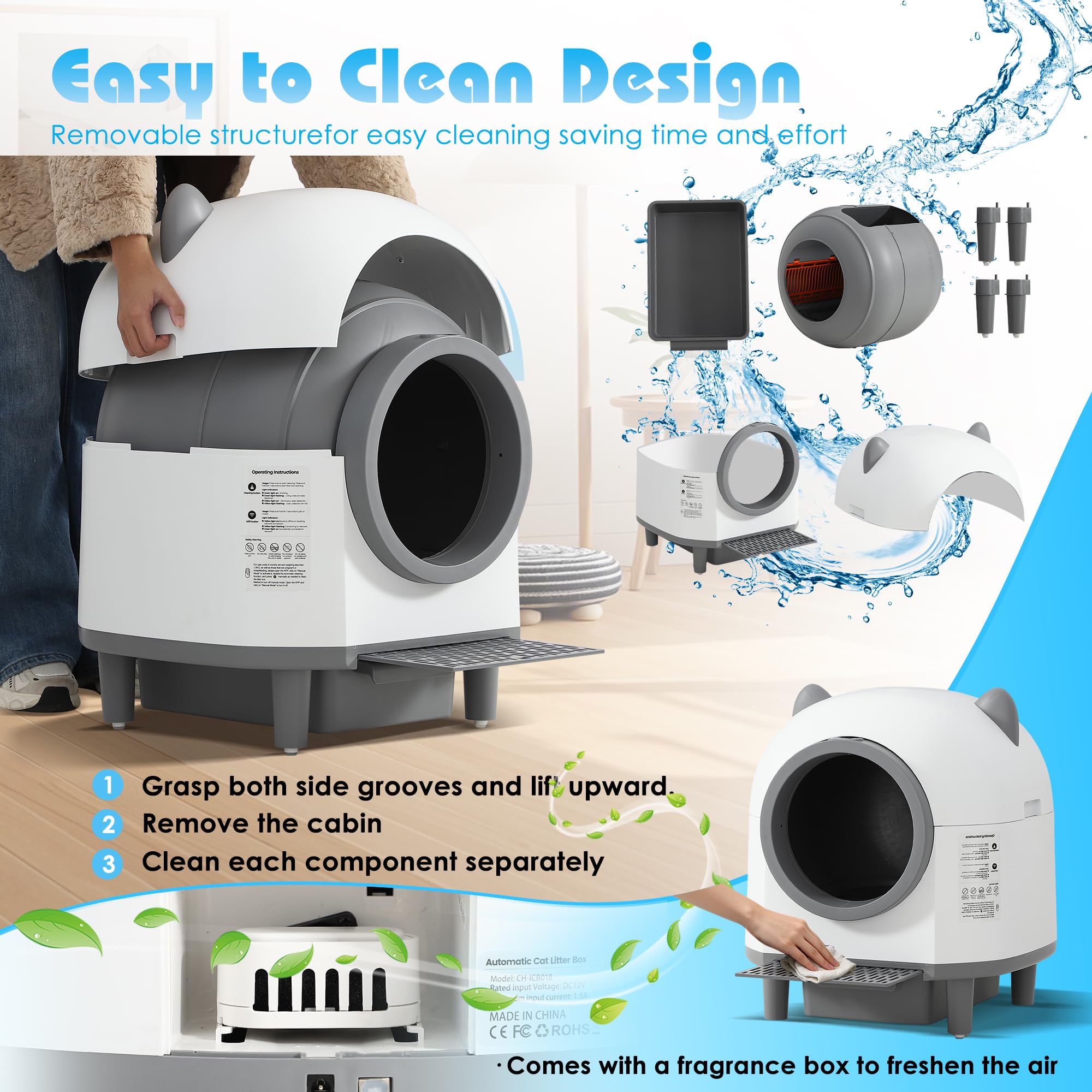Automatic Cat Litter Box, Self Cleaning Litter Box with APP Control for Multiple Cats, Large Robot Kitty Litter Box with Safety Sensors, Odor Removal, 2 Roll Garbage Bags, 90L Cat Ears Design - image 6