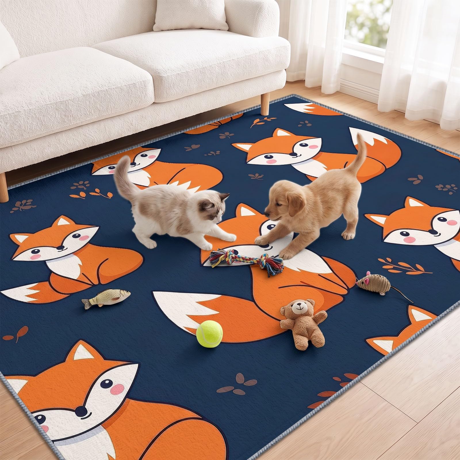 Scandinave Pastoral Tapis Salon 160 x 230 cm, Lavable Animal Renard Roux Feuilles Mortes Tapis à Faible Poil Chambre à Coucher Antidérapant pour Salle à Manger Chambre d'enfants Bureau à Domicile