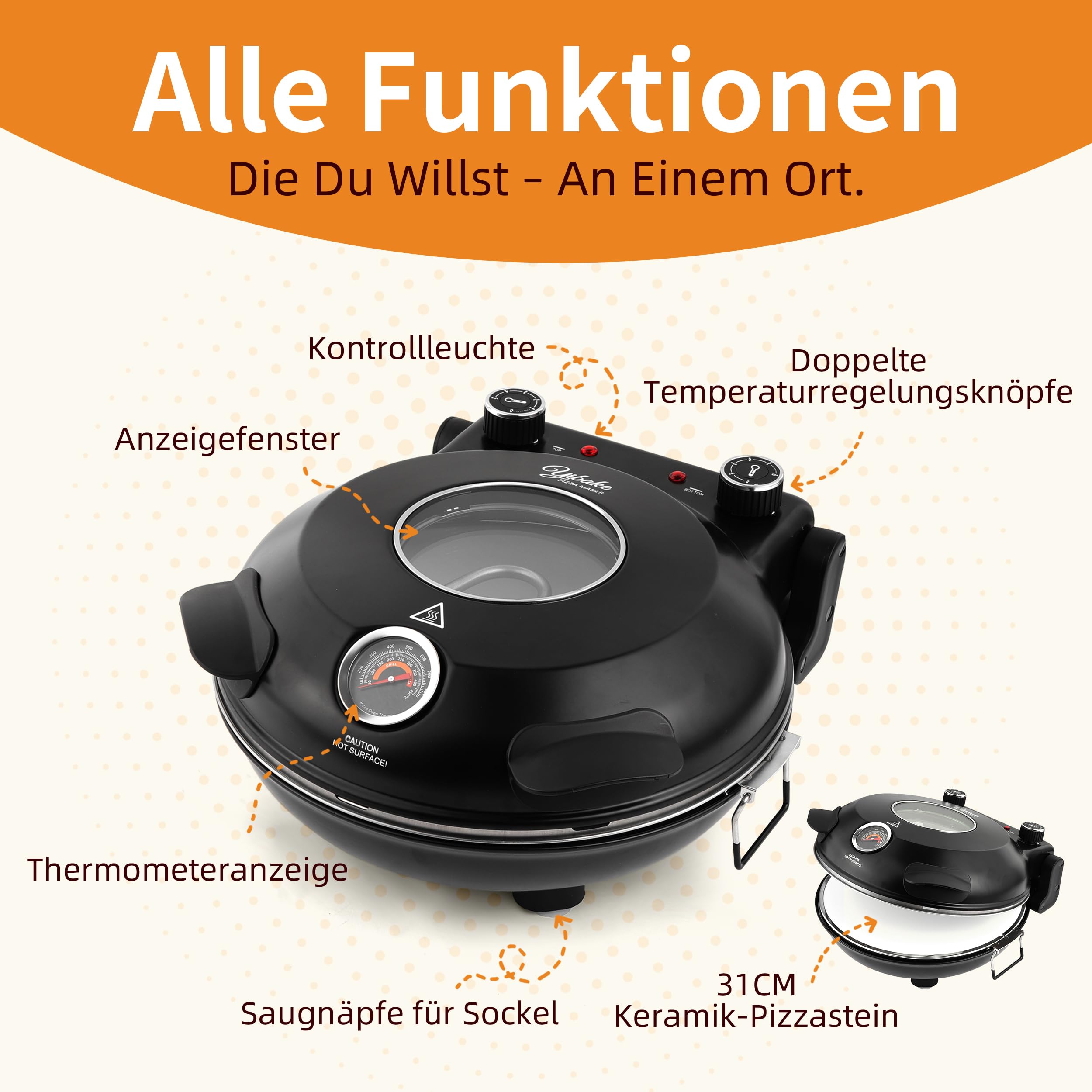 Pizzaofen elektrisch, 1200W Pizzabäcker in 4-Min-Pizza, 31cm Feuerfeste Pizzastein, Max 420℃ Pizzaofen mit 5 Garstufen, inkl. Pizzaschaber & Pizzaschieber, Schwarz