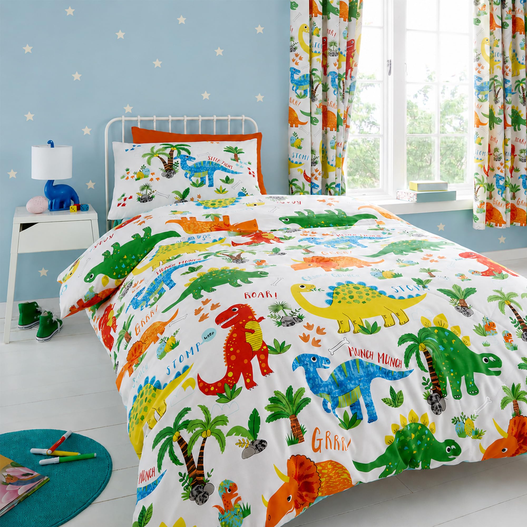 Happy Linen Company Set de Fundas Infantiles para edredón - Reversible - Dinosaurios - Tamaño bebé