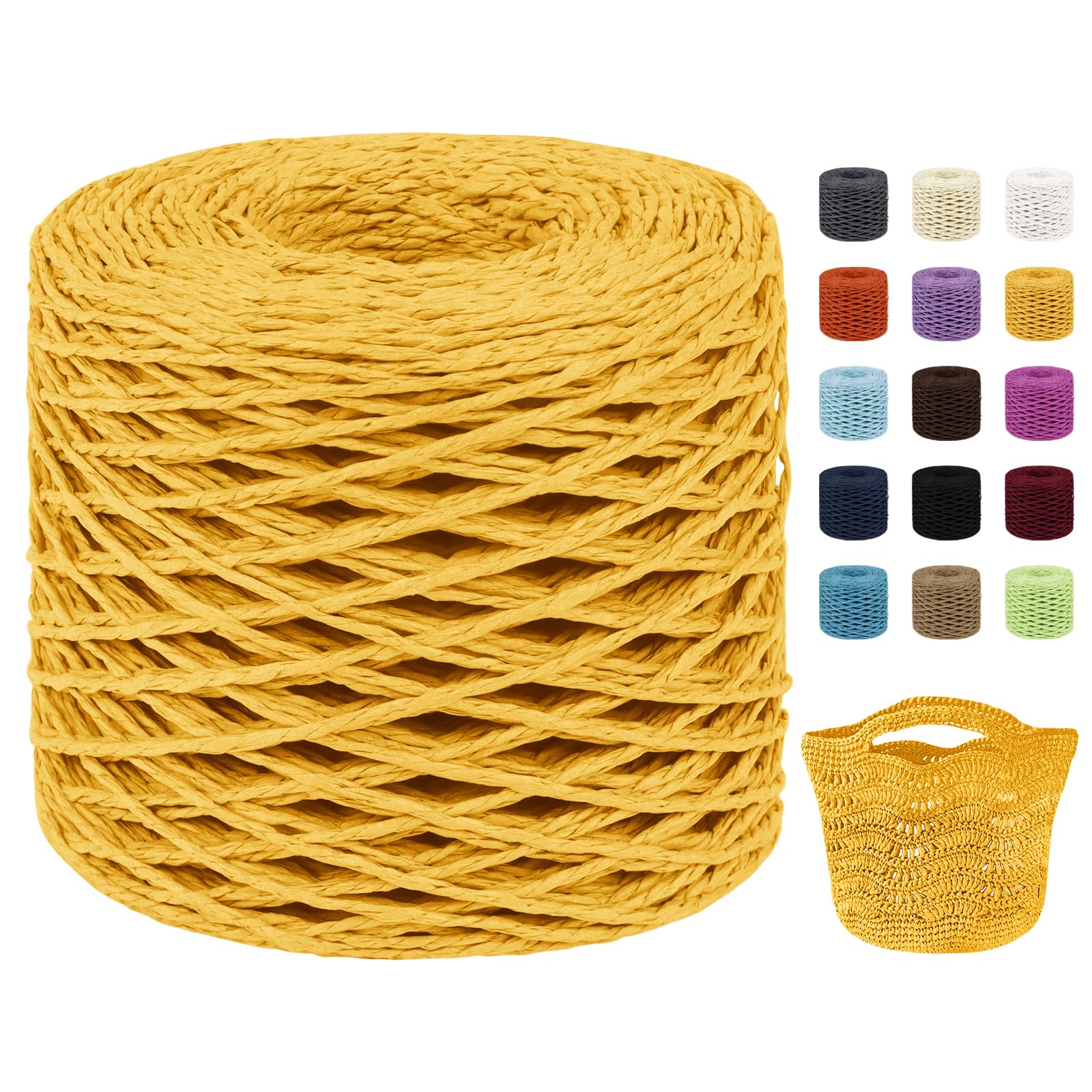 Uiopa Raffia Yarn for Crochet, 2mm x 200m Raffia Paper String Straw Crochet Yarn for Crocheting Beach Bags, Sun Hats, Home Decor, DIY Crafts (Yellow)