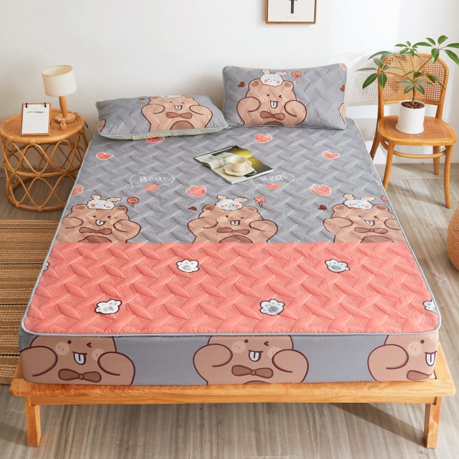 FCLDESHOP Spannbetttuch vielen Größen und Farben,Verdickte, Gesteppte, Gesteppte Spannbettlaken, Kinderzimmer-Cartoon-Druck, Matratzenschoner, Bettwäsche, Bär, 180 x 200 cm