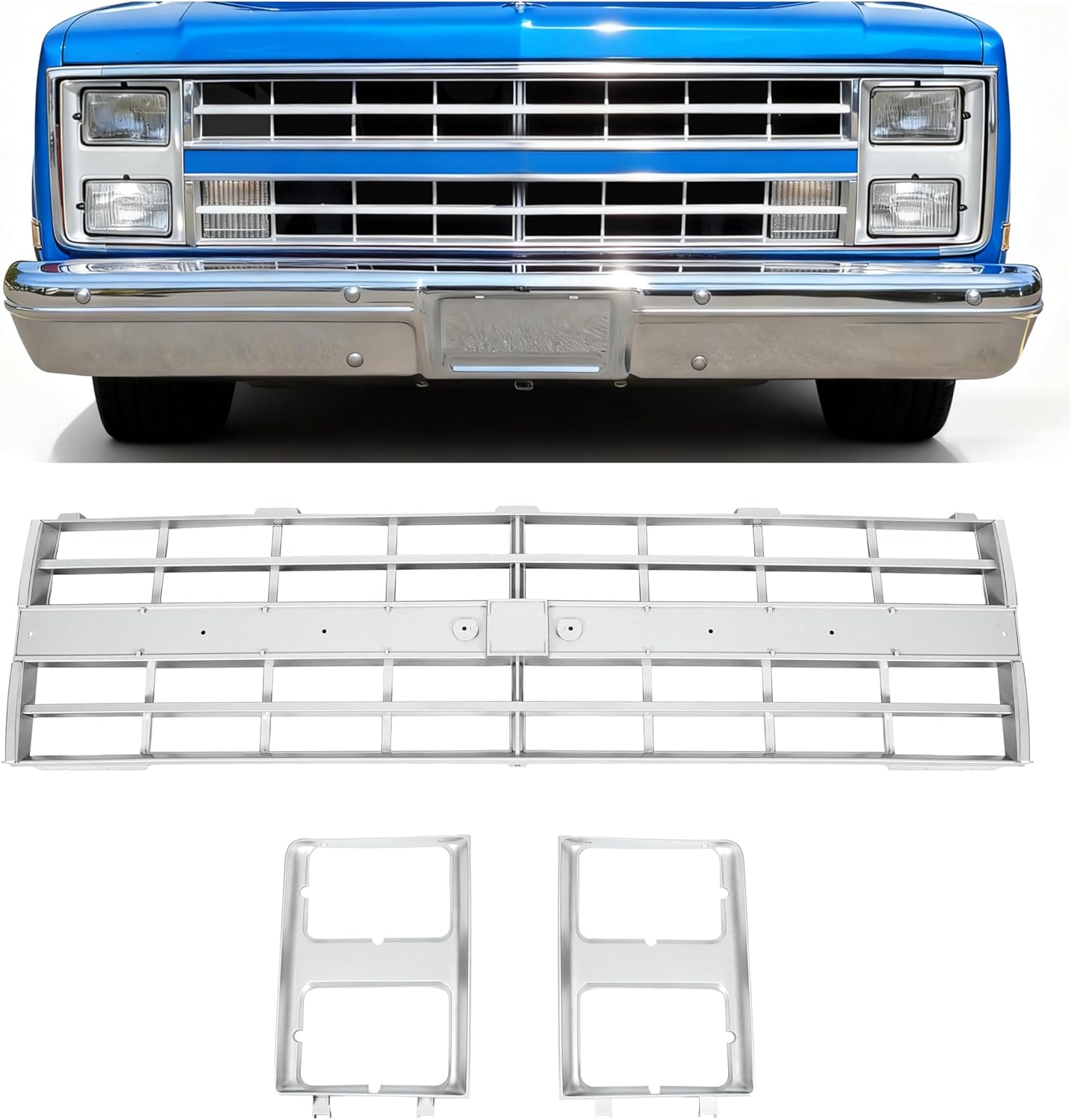 KUAFU Front Grille Grill & Headlight Bezel Compatible with 1985-1988 Chevy C10/C20/C30/K5/K10/K20/K30/R10/R20/R30/V10/V20/V30 Blazer Suburban 15598727 15598728 GM1200140 GM2513126 Chrome
