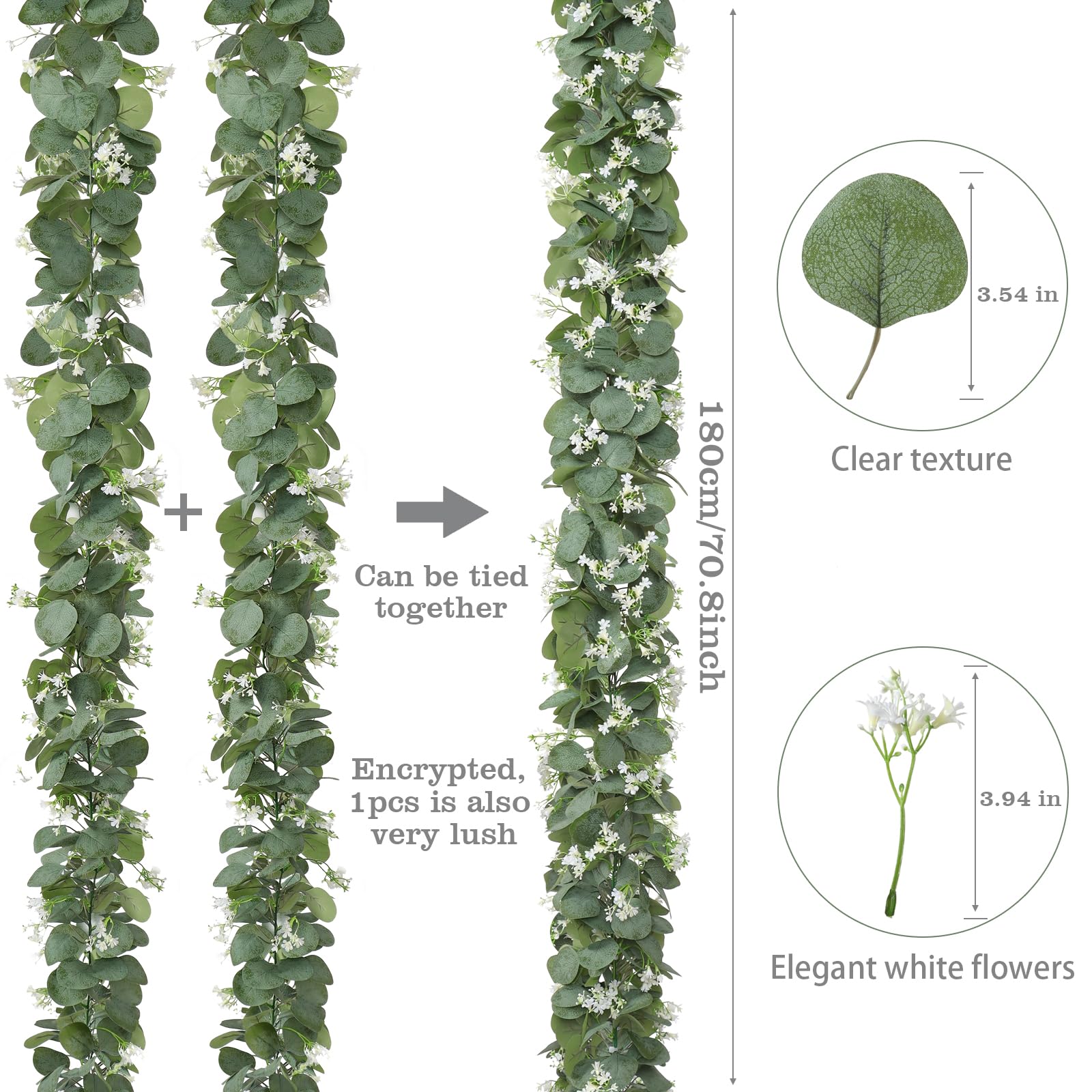 KHOYIME Eukalyptus-Girlande mit weißen Blumen, 4 Packungen, 1,5 m, künstliche Silber-Dollar-Eukalyptusblätter, Pflanze, künstliche Grünpflanzen, hängende Efeuranken, künstlicher Kranz für Hochzeit,