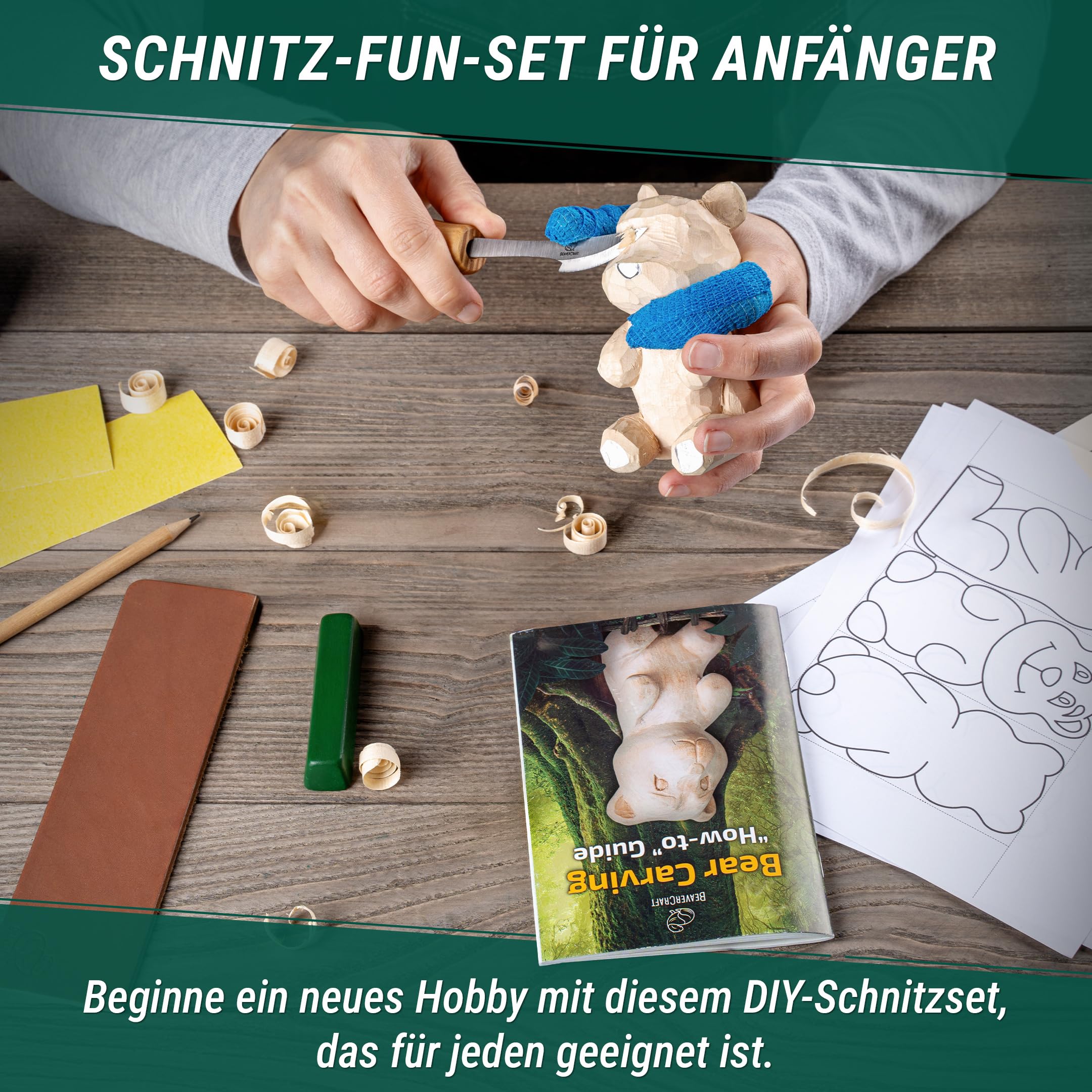 BeaverCraft Holzschnitzset für Anfänger DIY 05 Schnitzmesser Set Bärenschnitzset - Messer für Holzschnitzen und Schnitzrohling - Holzschnitzwerkzeug Set für Kinder und Erwachsene - Schnitzprojekt