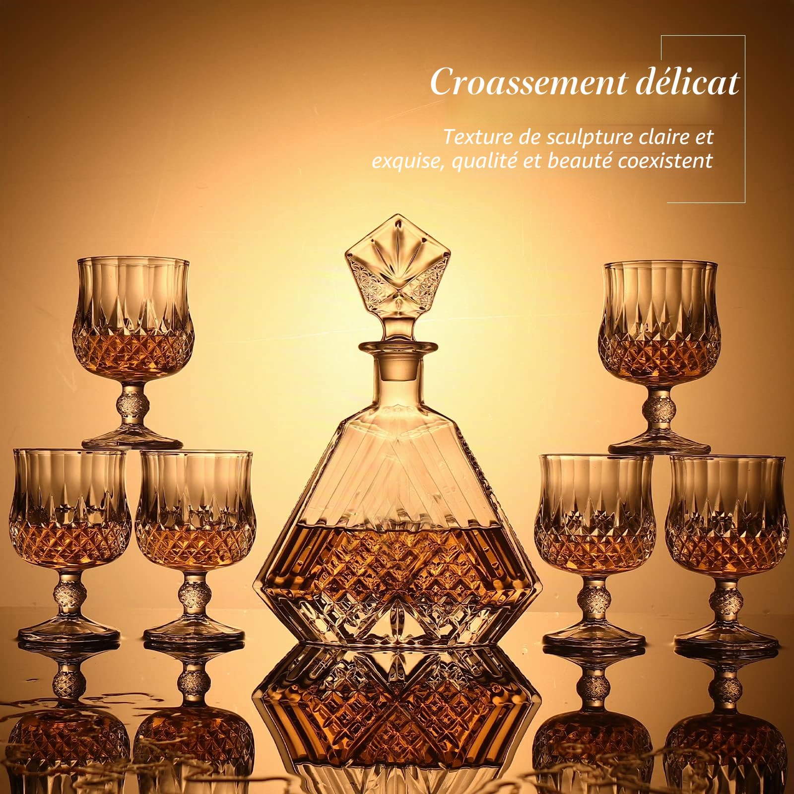 Carafe à whisky en cristal et 6 verres, élégante carafe en verre, carafe à vin, carafe gravée parfaite pour le bourbon, le brandy et la vodka, cadeau bourbon pour homme (Hera)