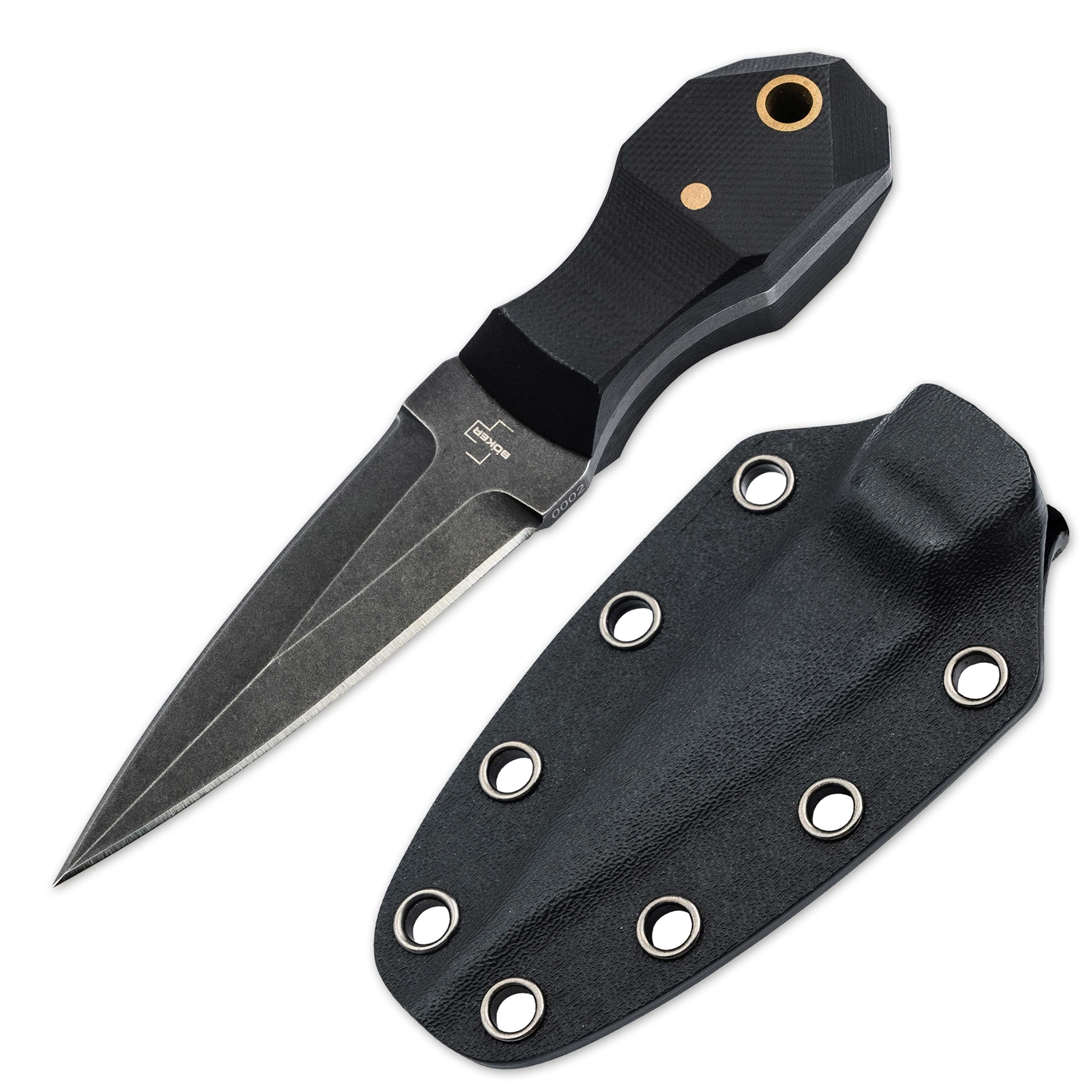 BÖKER PLUS - Pocket Rocket - Mini Neck Knife klein - Profi Fulltang Messer mit zweischneidiger D2 Klinge 7 cm - Halsmesser mit Kydex-Scheide & Kugelkette schwarz - Dolch Nackenmesser G10