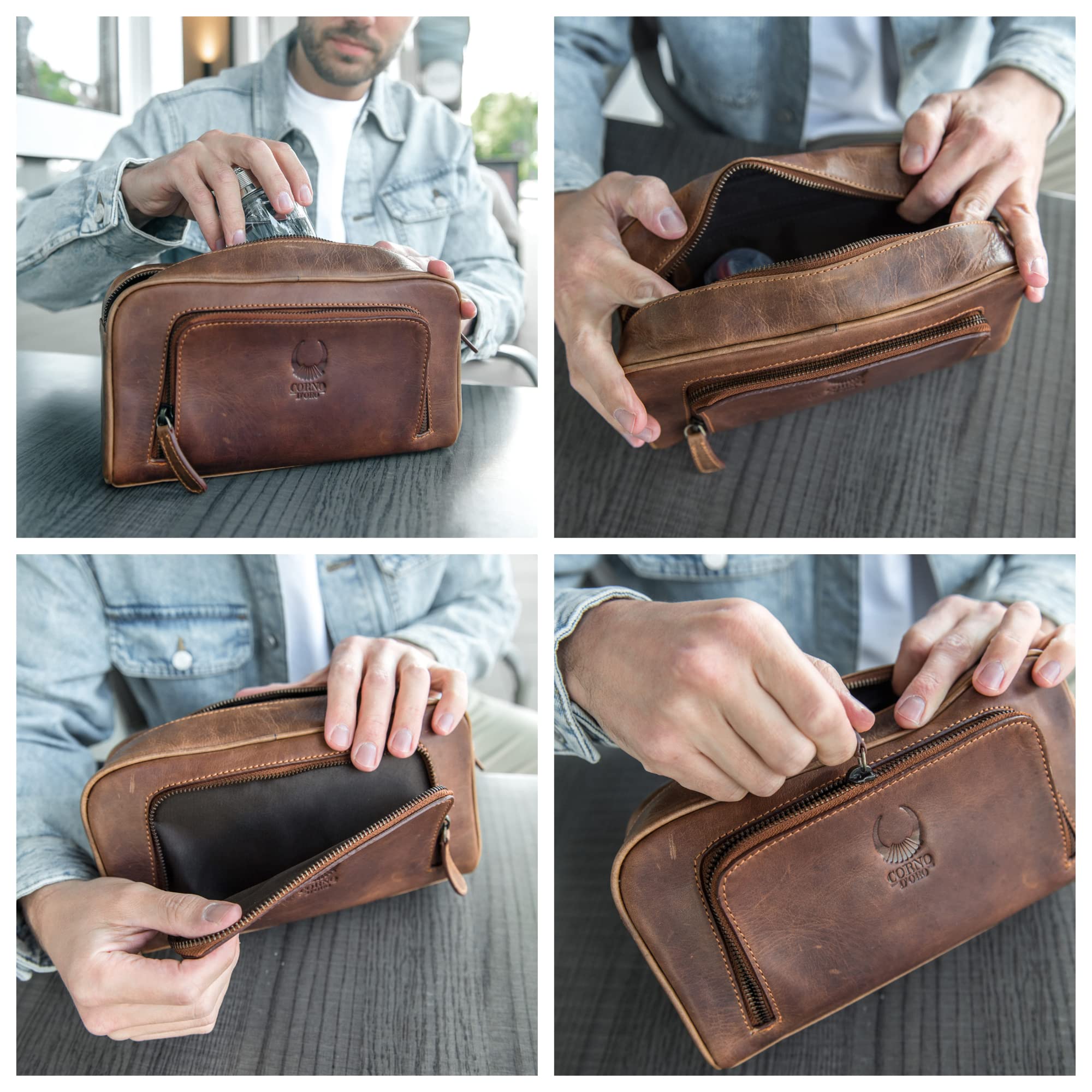 Corno d´Oro Beauty case da viaggio uomo in vera pelle, trousse per bagno toilette portaoggetti organizer marrone artigianale