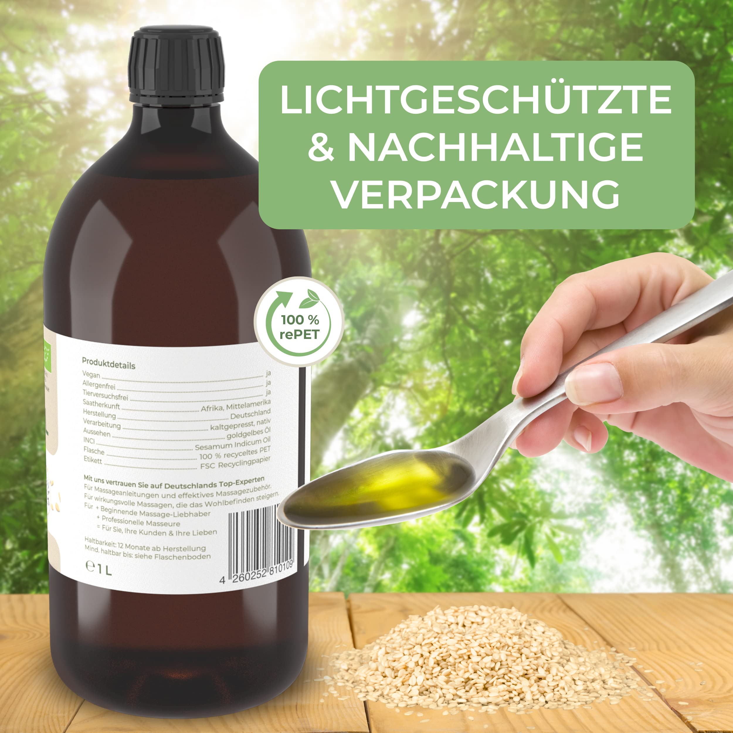MASSAGE-EXPERT Bio Sesamöl kaltgepresst & gereift – für Küche, Ayurveda, Pflege & Massage (1 Liter rePET-Flasche mit Spritzeinsatz)