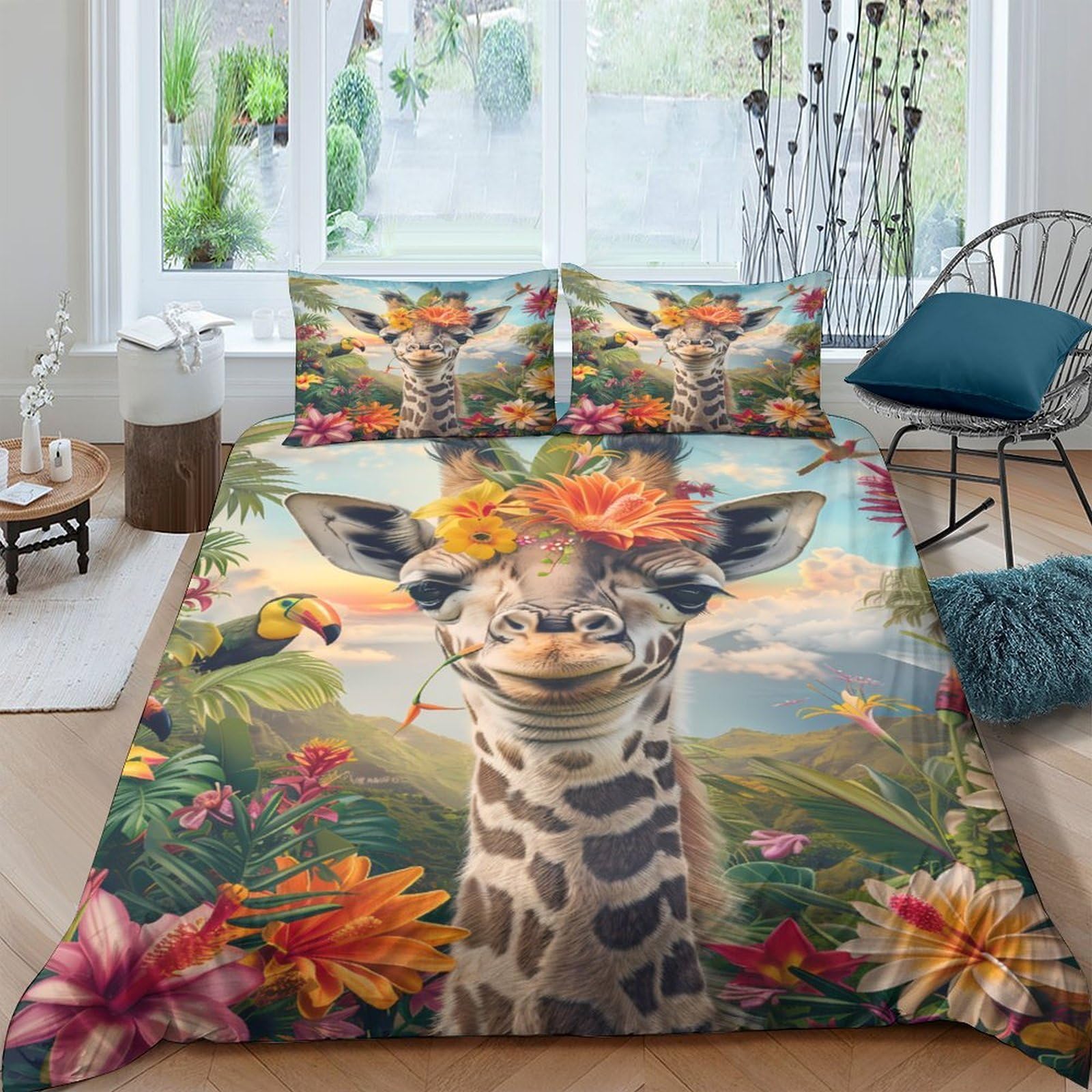 Ctjqhvkz Style-7 3D Printed Giraffe Floral Fitted Sheet Microfiber Soft Colorful Flower Meadow Mattress Cover For Bedroom Guest Room Single（135X200cm）