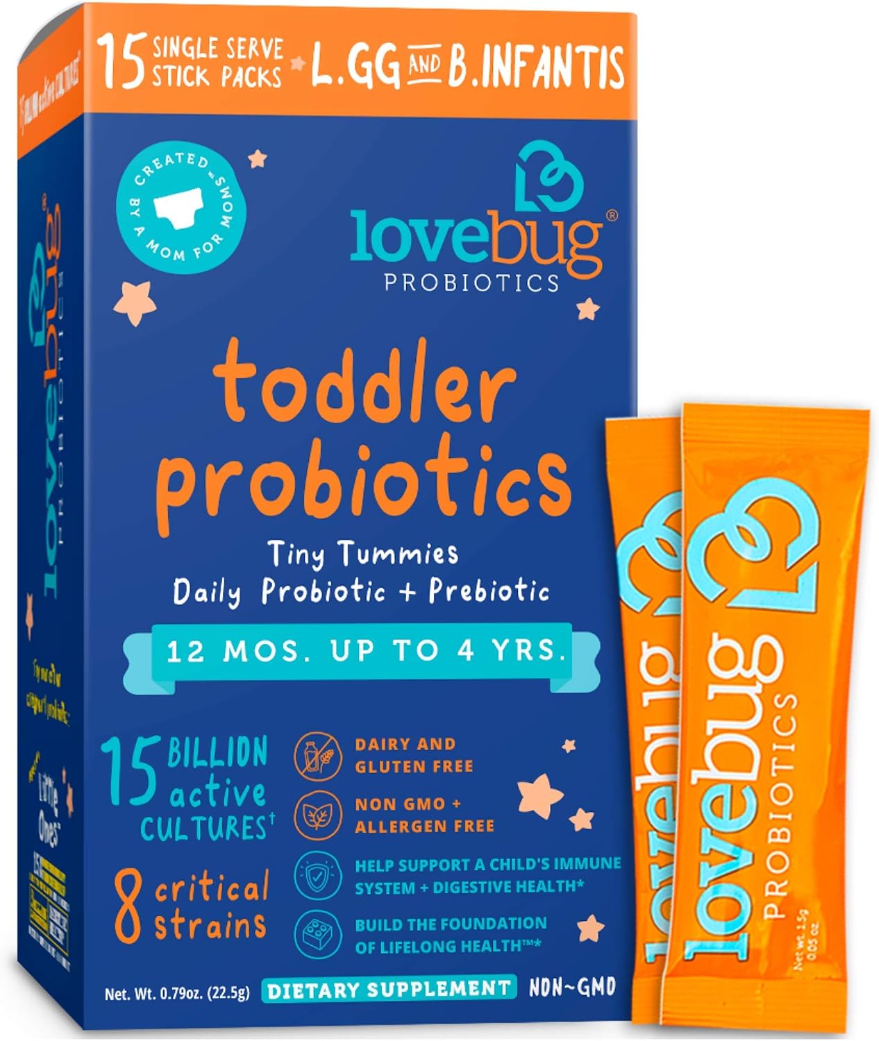 Lovebug Award Winning Probiotics | Constipation & Stomach Discomfort | Softer Bowel Movements | Easy-to-Take Powder | Ages 12 Months to 4 Years | 15 Packets