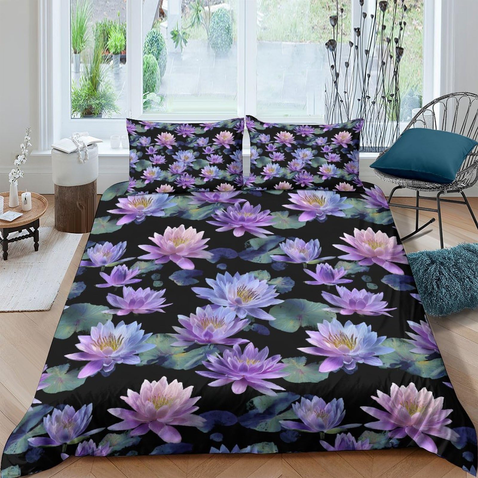 Ctjqhvkz Style-3 3D Printed Purple Water Lily Fitted Sheet Microfiber Black Lotus Bed Cover Anti-Slip Machine Washable For Bedroom Dorm Decor Single（135X200cm）