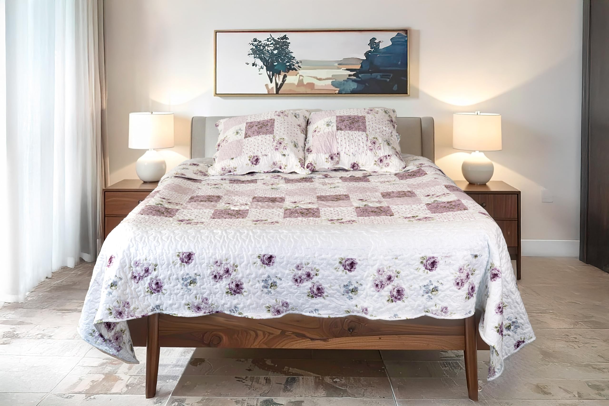 Mimosa Parme Boutis Patchwork 230x250 cm avec 2 Taies d'oreiller 65x65 cm, Couvre-lit Matelassé 2 Personnes, Dessus de lit Fleurs