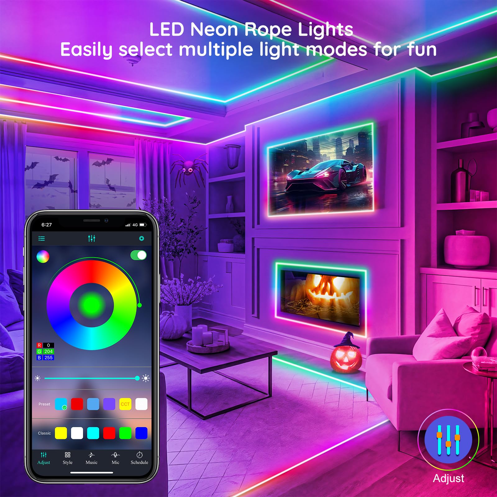FBZ LED-Lichterkette, 200 m, flexible Neonlicht-Steuerung mit App/Fernbedienung, mehrere Modi, IP65 RGB für den Außenbereich, wasserdicht, Synchronisationsspiel