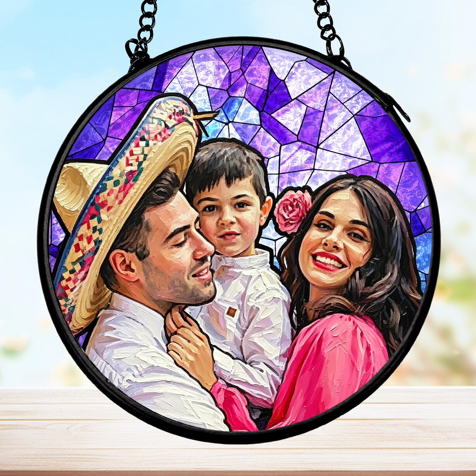 Personalized Stained Glass SunCatcher for Windows Hanging Ornament,Custom Photo Gift,Birthday Gifts for Mom,Grandma,Dad,Lover Glass Window Decor,Garden Sun Catcher Multiple sizes