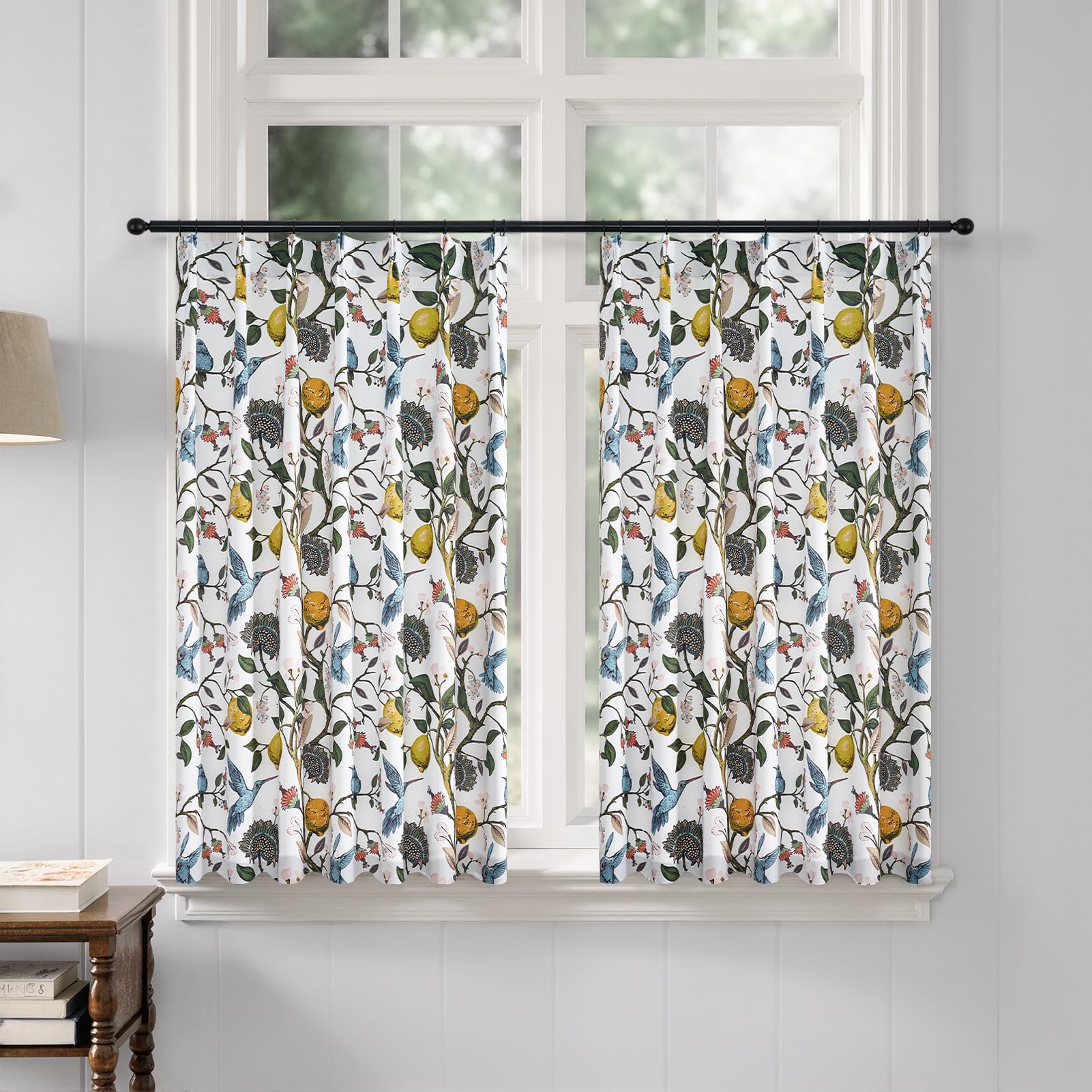 White Kitchen Tier Curtains 36 Inches Long,Botanical Floral Lemon &amp; Hummingbird Pinch Pleated Half Window Drapes Room Darkening for Kitchen RV Cafe Basement Bathroom Dining Room,2 Panels