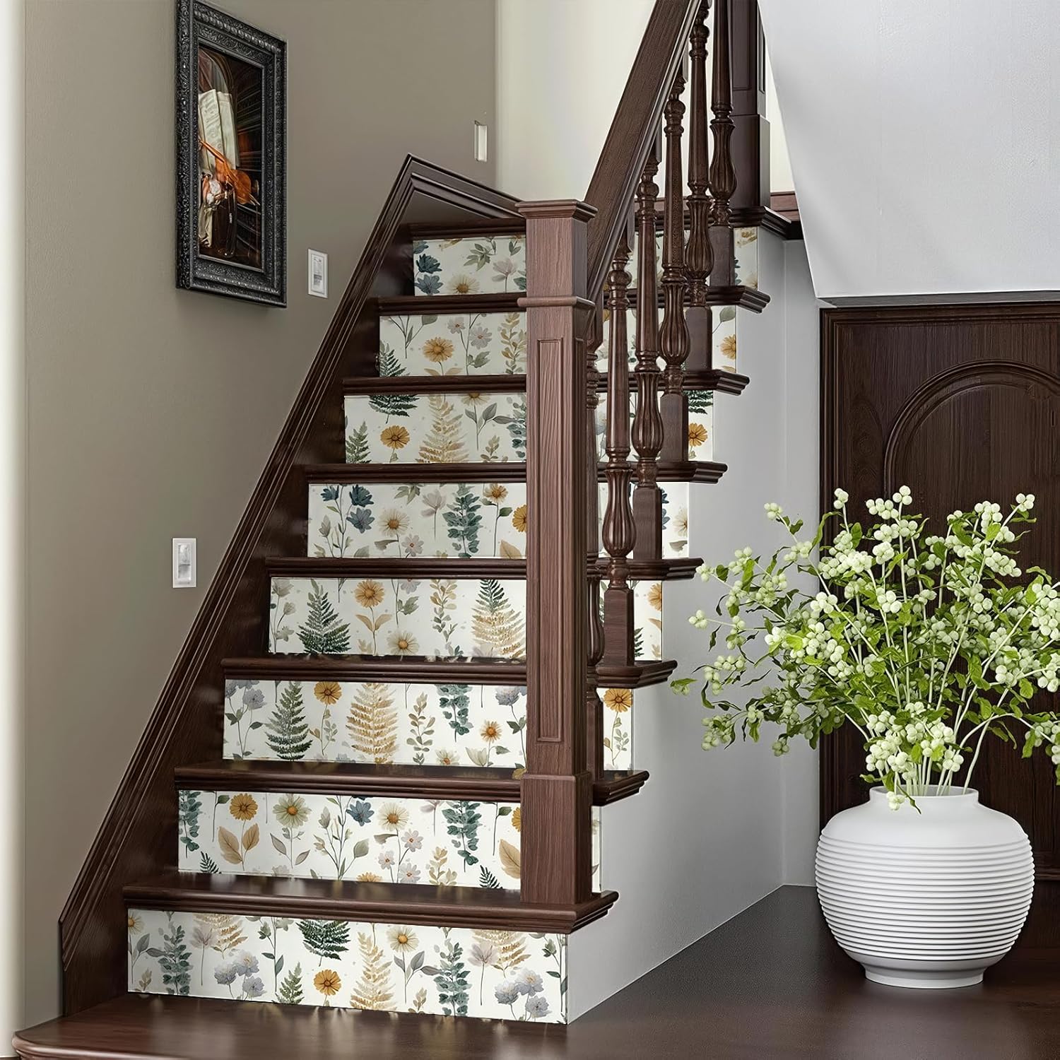 Watercolor Wildflower Botanical Floral Wallpaper Peel and Stick Removable 17.7" x 236.22" Mustard Daisy Sage Fern Wall Paper Self Adhesive for Classroom Bedroom Laundry Room Bathroom
