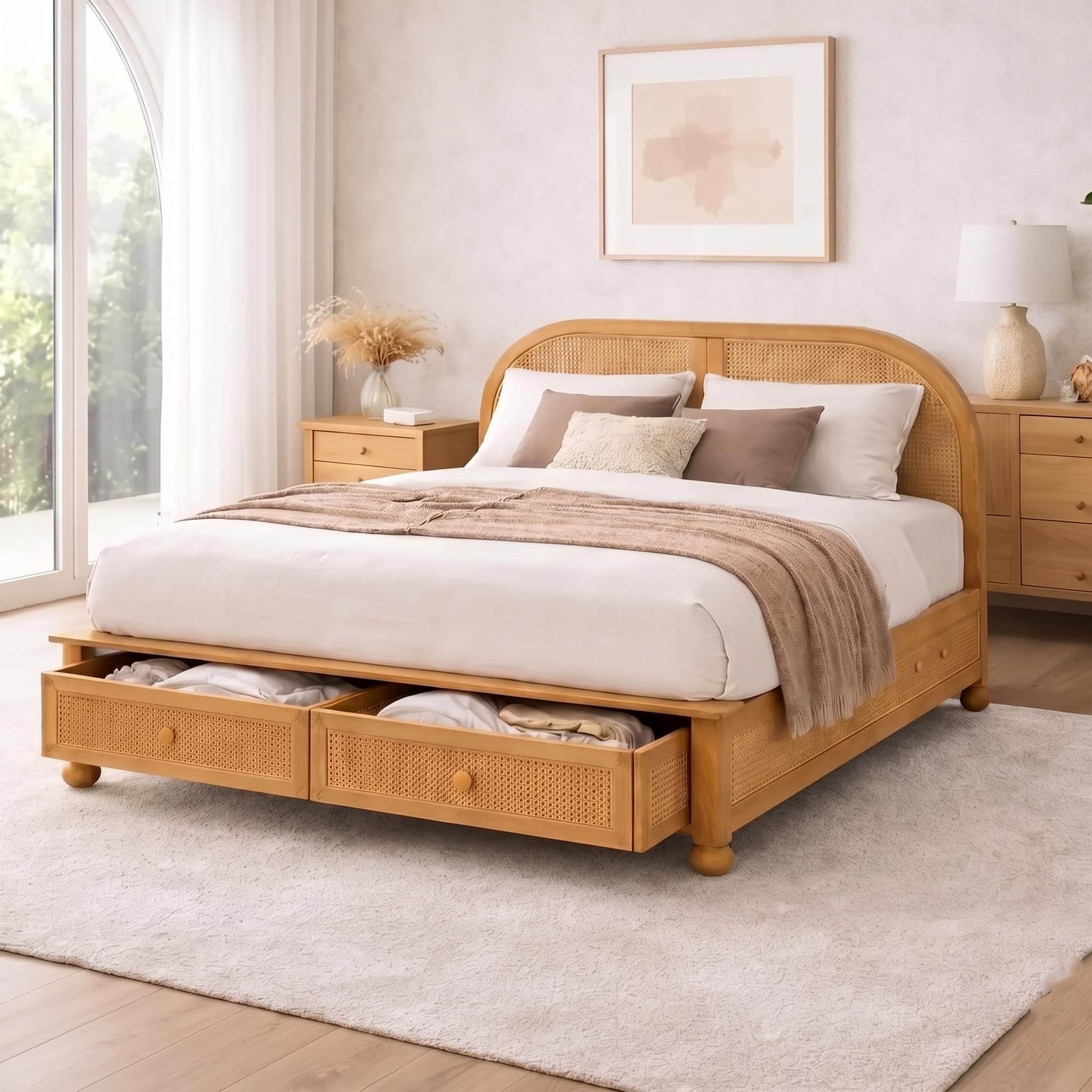 Mango Wood Rattan King Size Bed with Drawer Storage | Wooden Cane Headboard Bed Frame | Drawers Drawers Double Bed for Bedroom Solid Wooden Cot-image-25