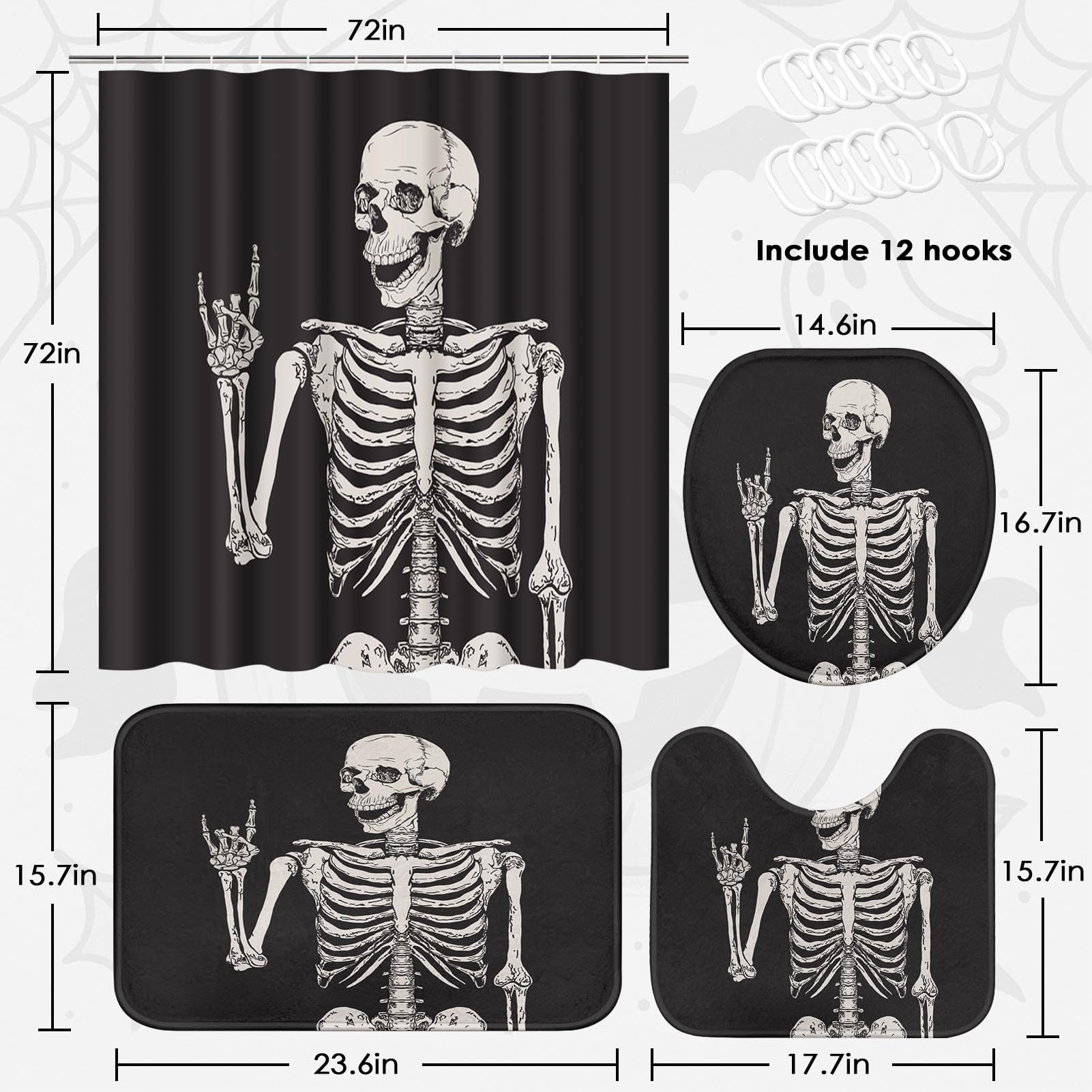 Juego de baño de esqueleto con cortina de ducha y alfombras, accesorios de calavera de roca de terror, retro, negro, cortina de ducha creativa para decoración de baño, 4 piezas 3